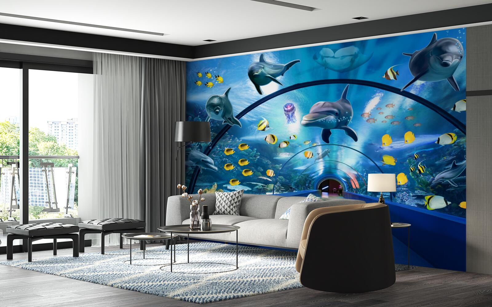Фотошпалери в акваріумі є дельфіни та рибки