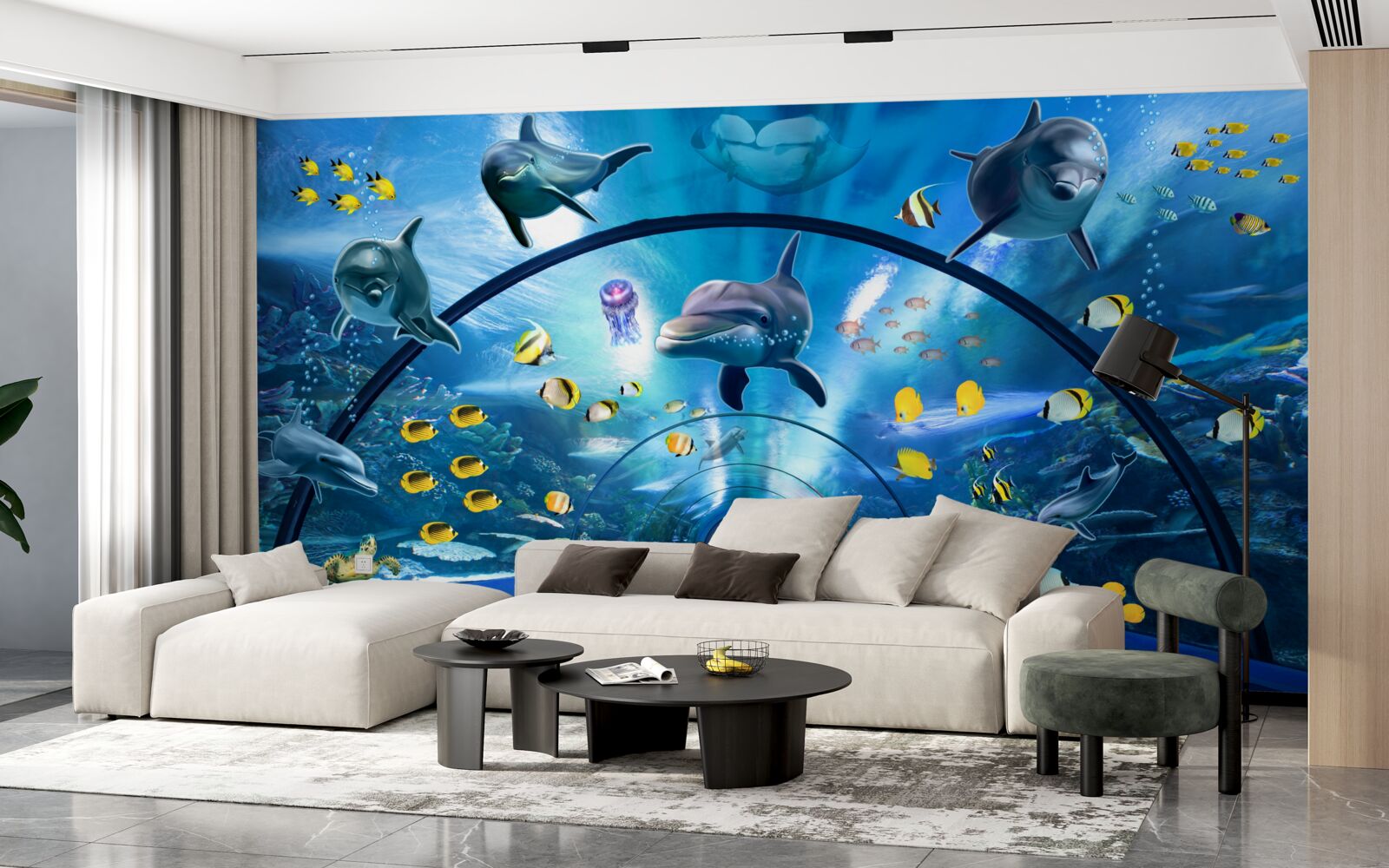 Фотошпалери в акваріумі є дельфіни та рибки