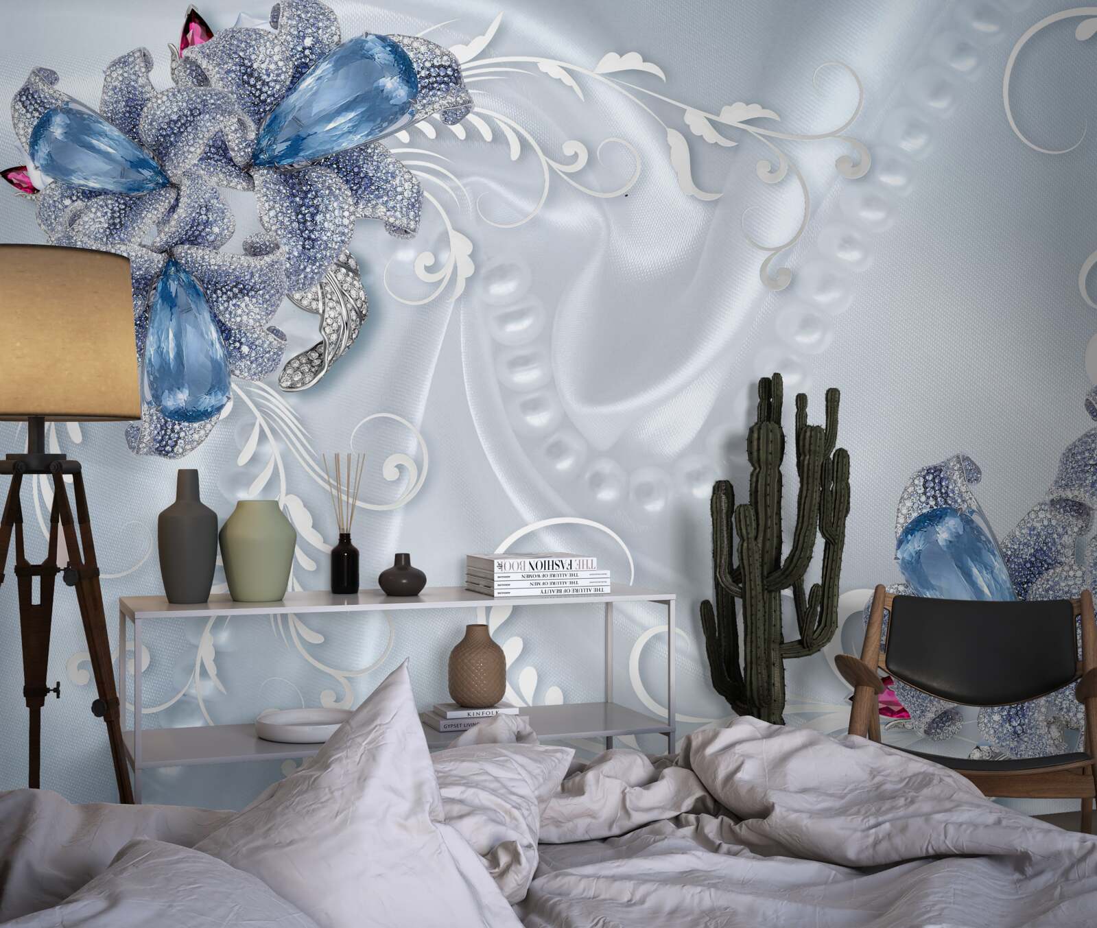 Фотошпалери екзотичні квіти, сплетені з дорогоцінного срібла та красивих дорогоцінних каменів