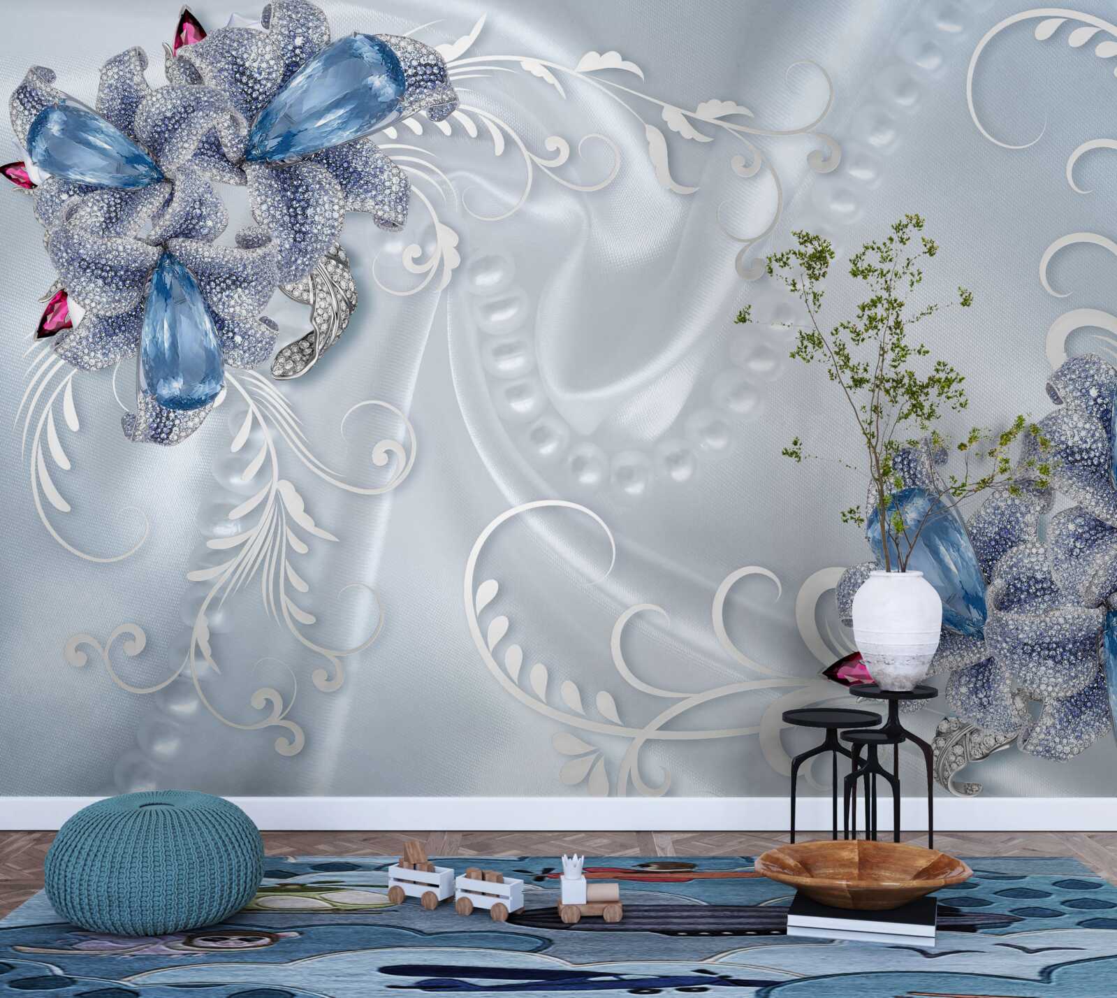 Фотошпалери екзотичні квіти, сплетені з дорогоцінного срібла та красивих дорогоцінних каменів