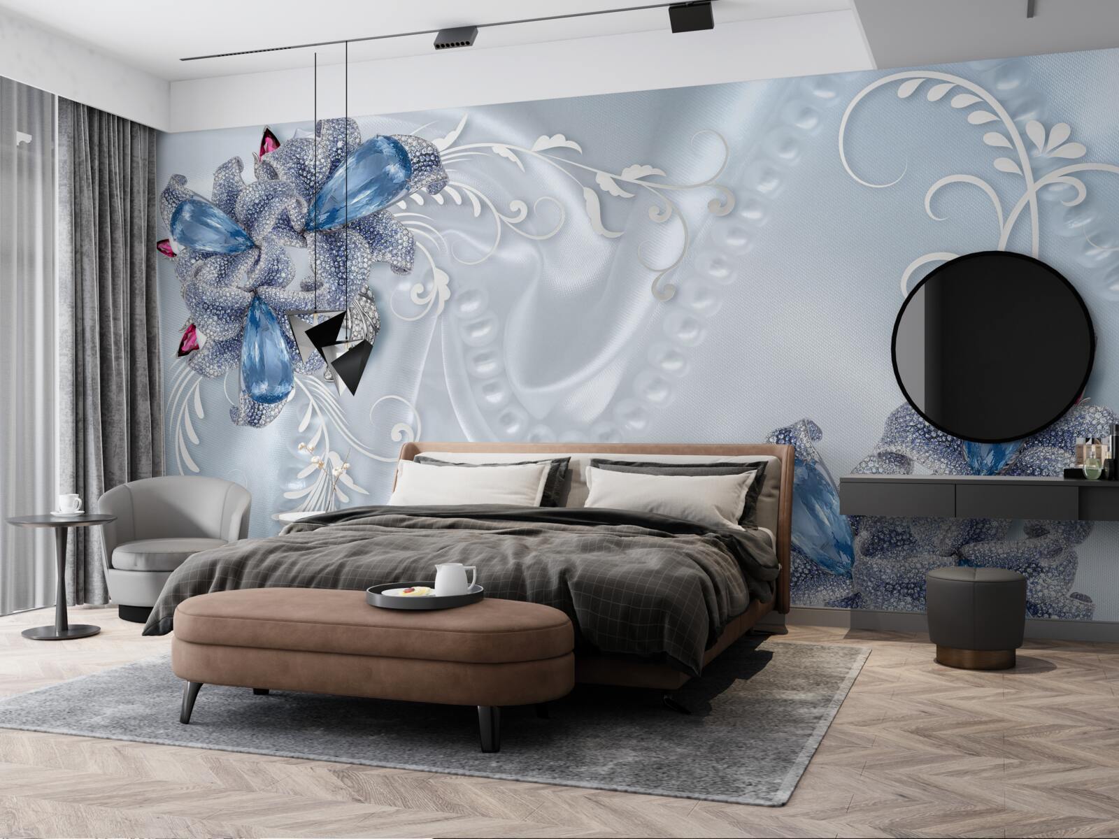 Фотошпалери екзотичні квіти, сплетені з дорогоцінного срібла та красивих дорогоцінних каменів