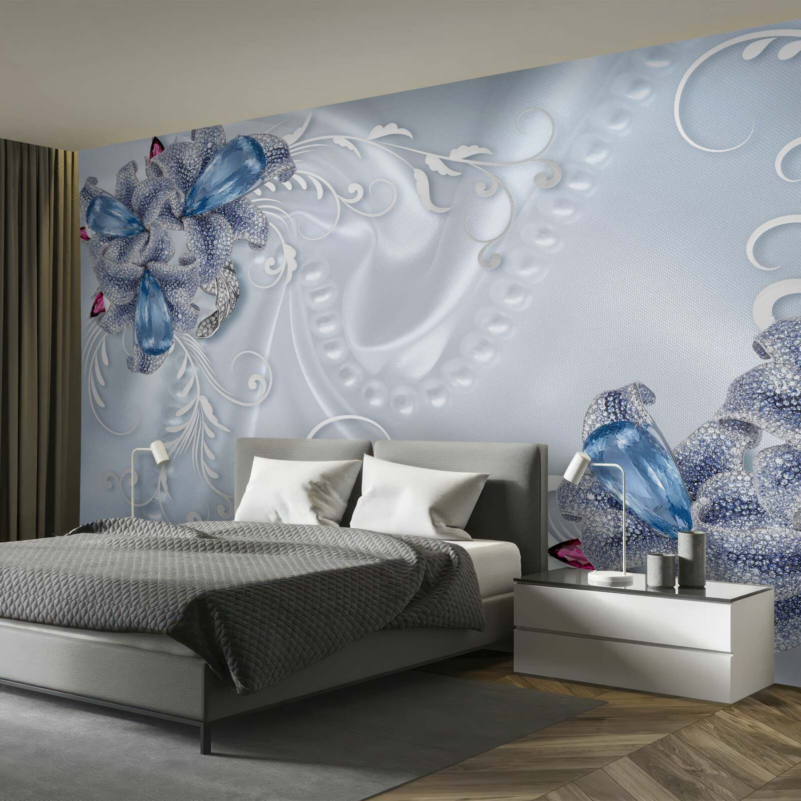 Фотошпалери екзотичні квіти, сплетені з дорогоцінного срібла та красивих дорогоцінних каменів