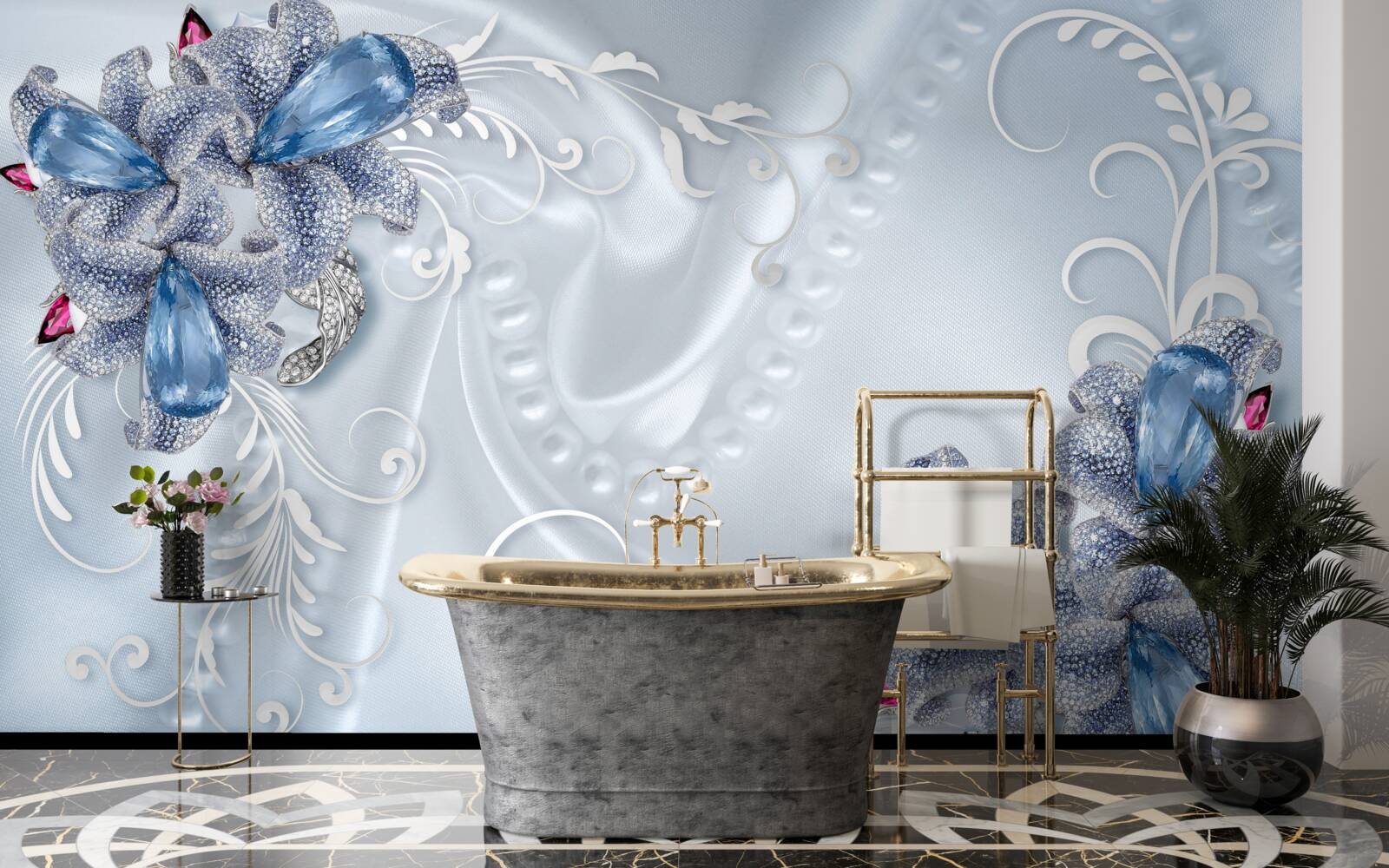 Фотошпалери екзотичні квіти, сплетені з дорогоцінного срібла та красивих дорогоцінних каменів