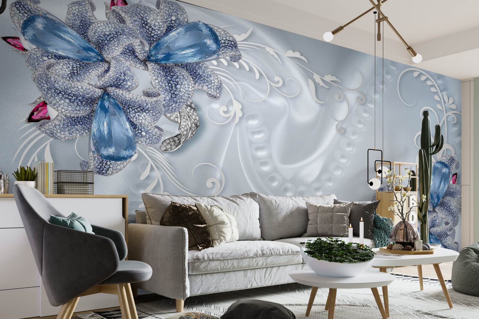 Фотошпалери екзотичні квіти, сплетені з дорогоцінного срібла та красивих дорогоцінних каменів