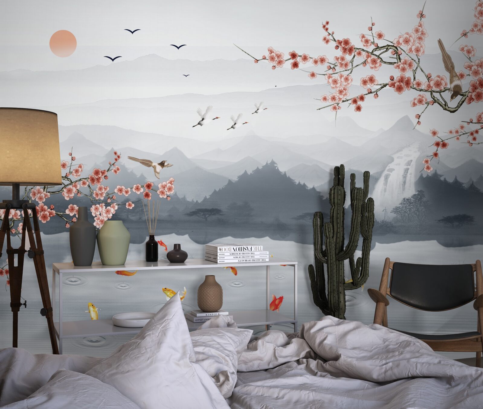 Фотошпалери цвітіння сакури біля підніжжя гір і біля води