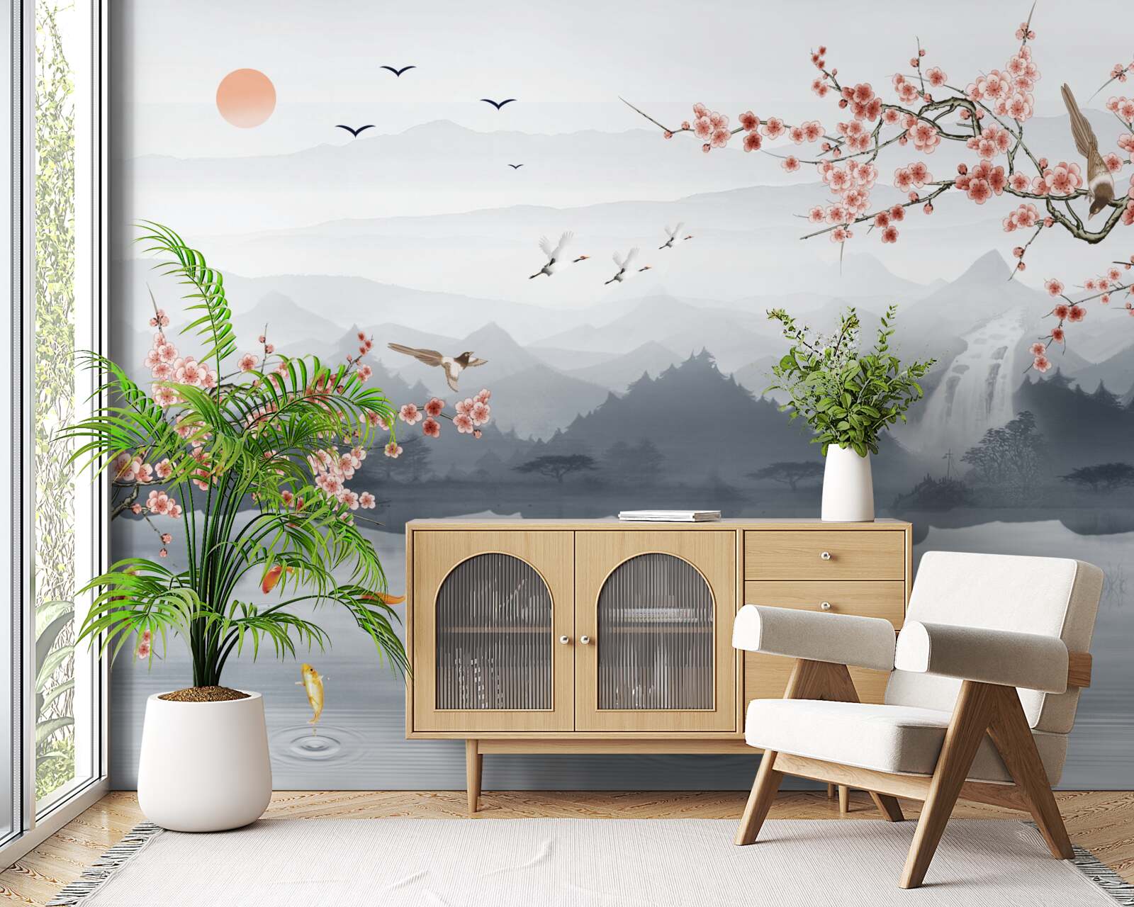 Фотошпалери цвітіння сакури біля підніжжя гір і біля води