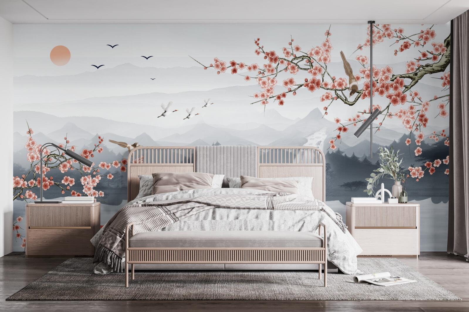 Фотошпалери цвітіння сакури біля підніжжя гір і біля води