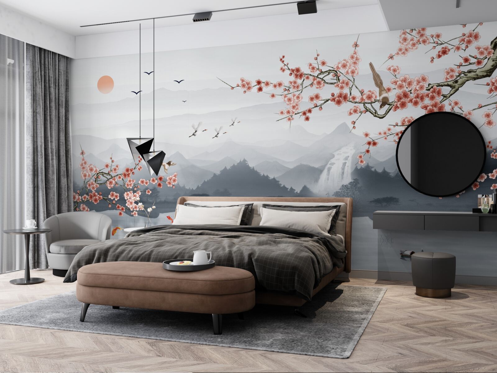 Фотошпалери цвітіння сакури біля підніжжя гір і біля води