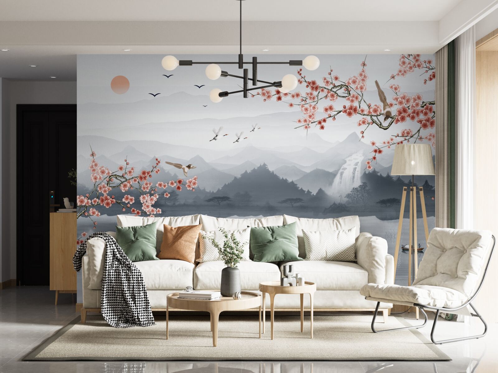 Фотошпалери цвітіння сакури біля підніжжя гір і біля води