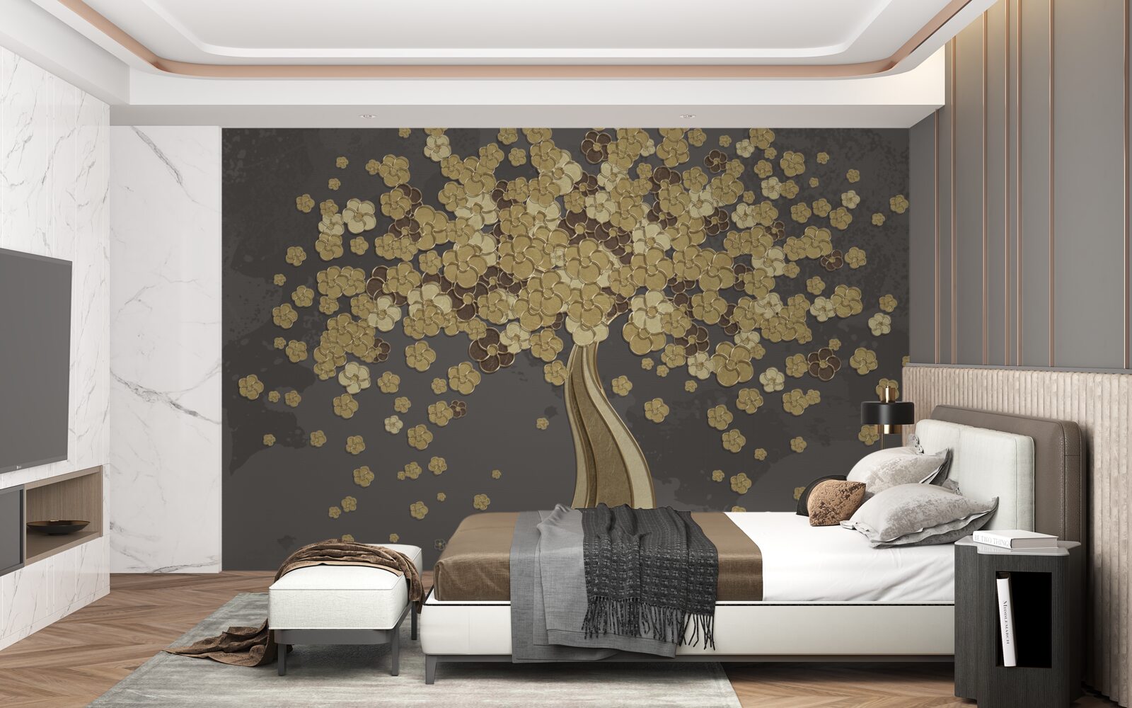 Фотошпалери нічне дерево, що цвіте золотом