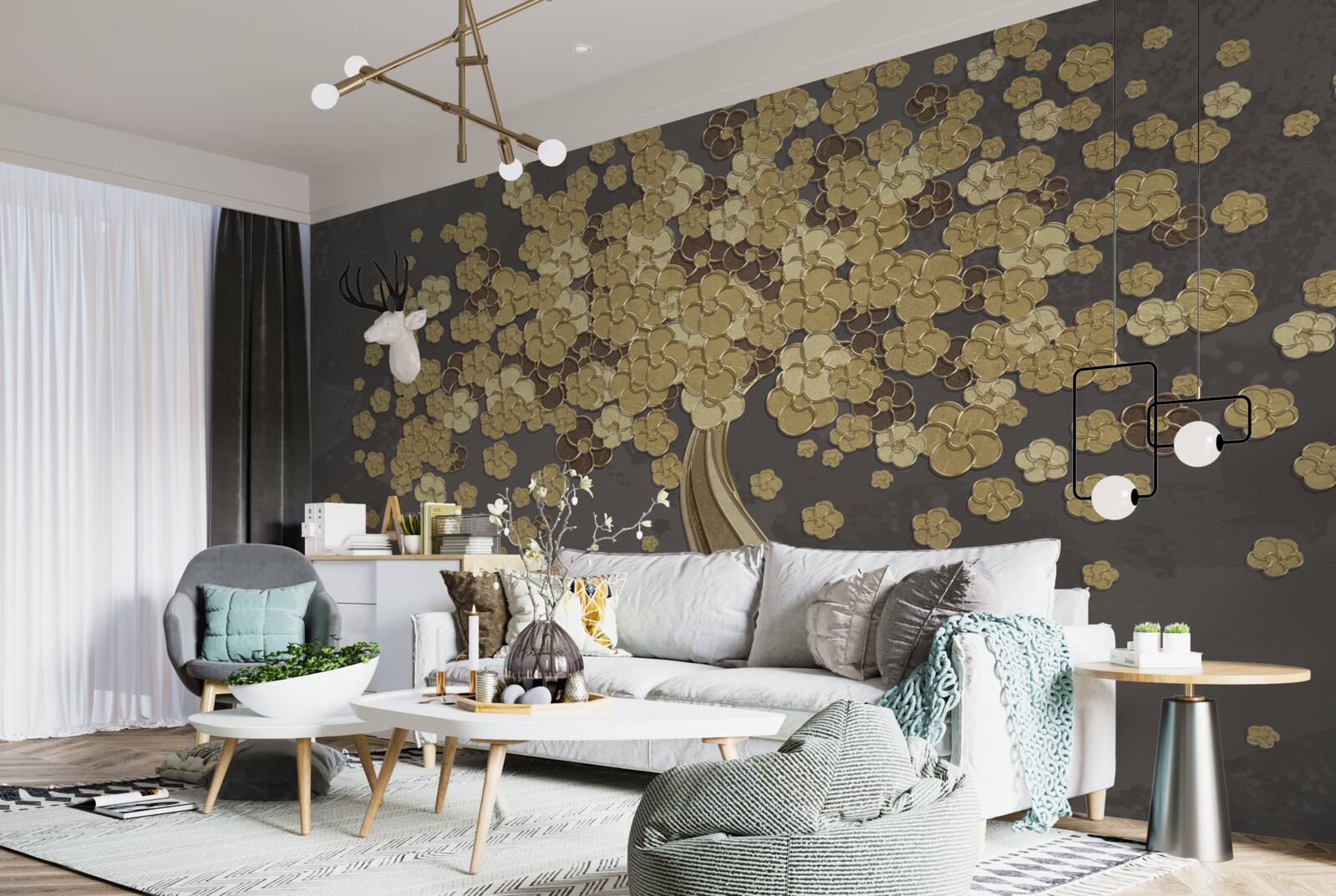 Фотошпалери нічне дерево, що цвіте золотом