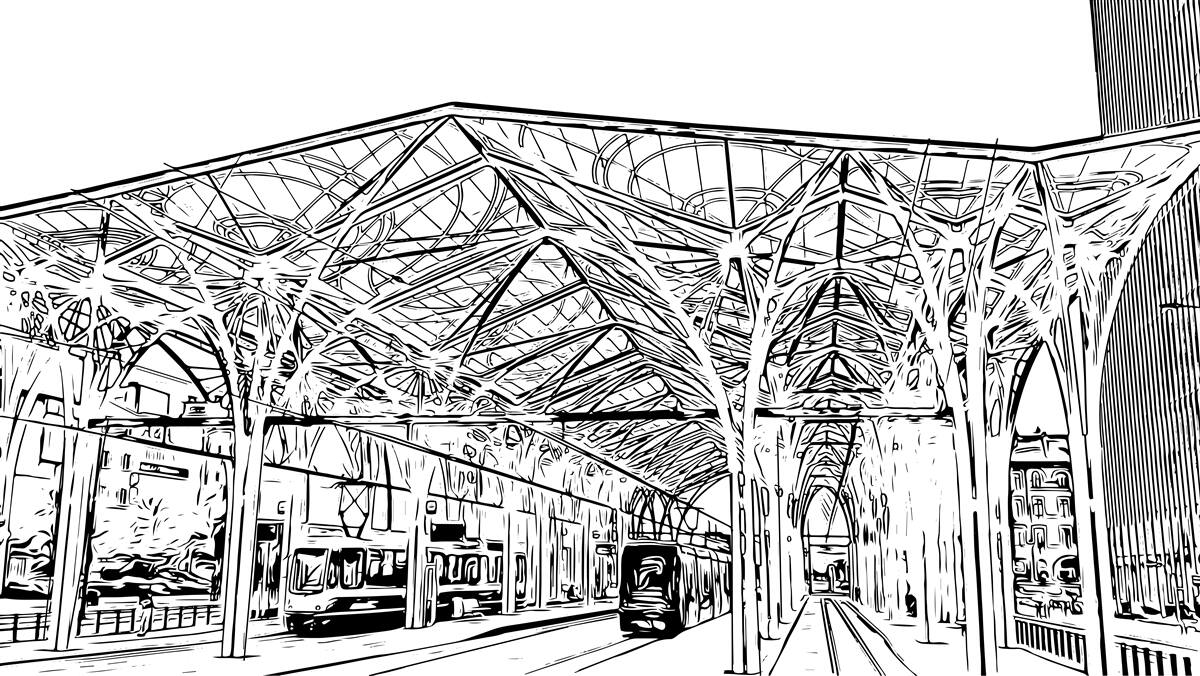 Фотошпалери залізнична станція та поїзди, зображені на малюнку