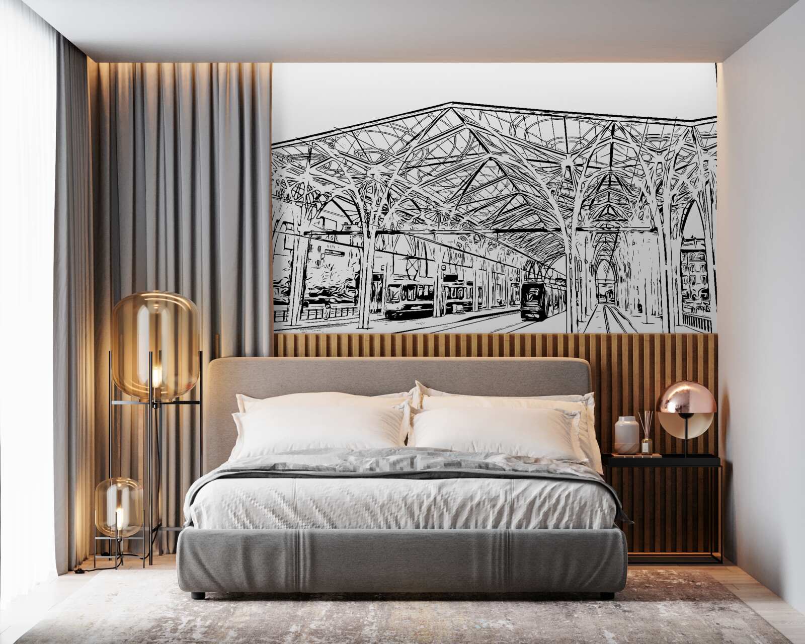 Фотошпалери залізнична станція та поїзди, зображені на малюнку