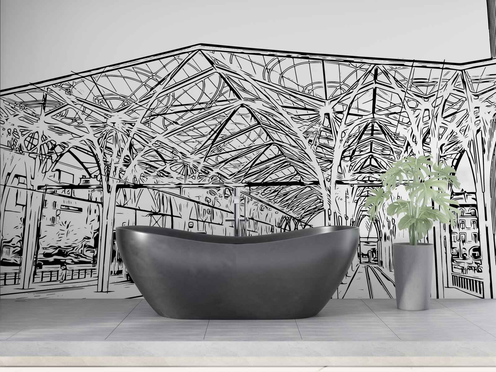 Фотошпалери залізнична станція та поїзди, зображені на малюнку