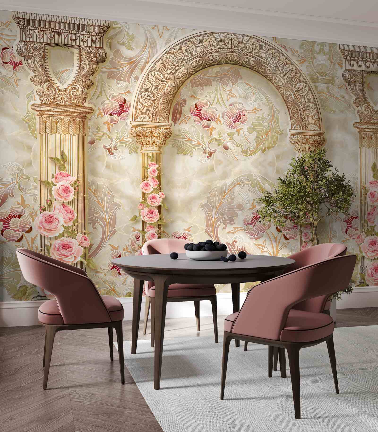 Фотошпалери традиційні арки, прикрашені квітами троянд