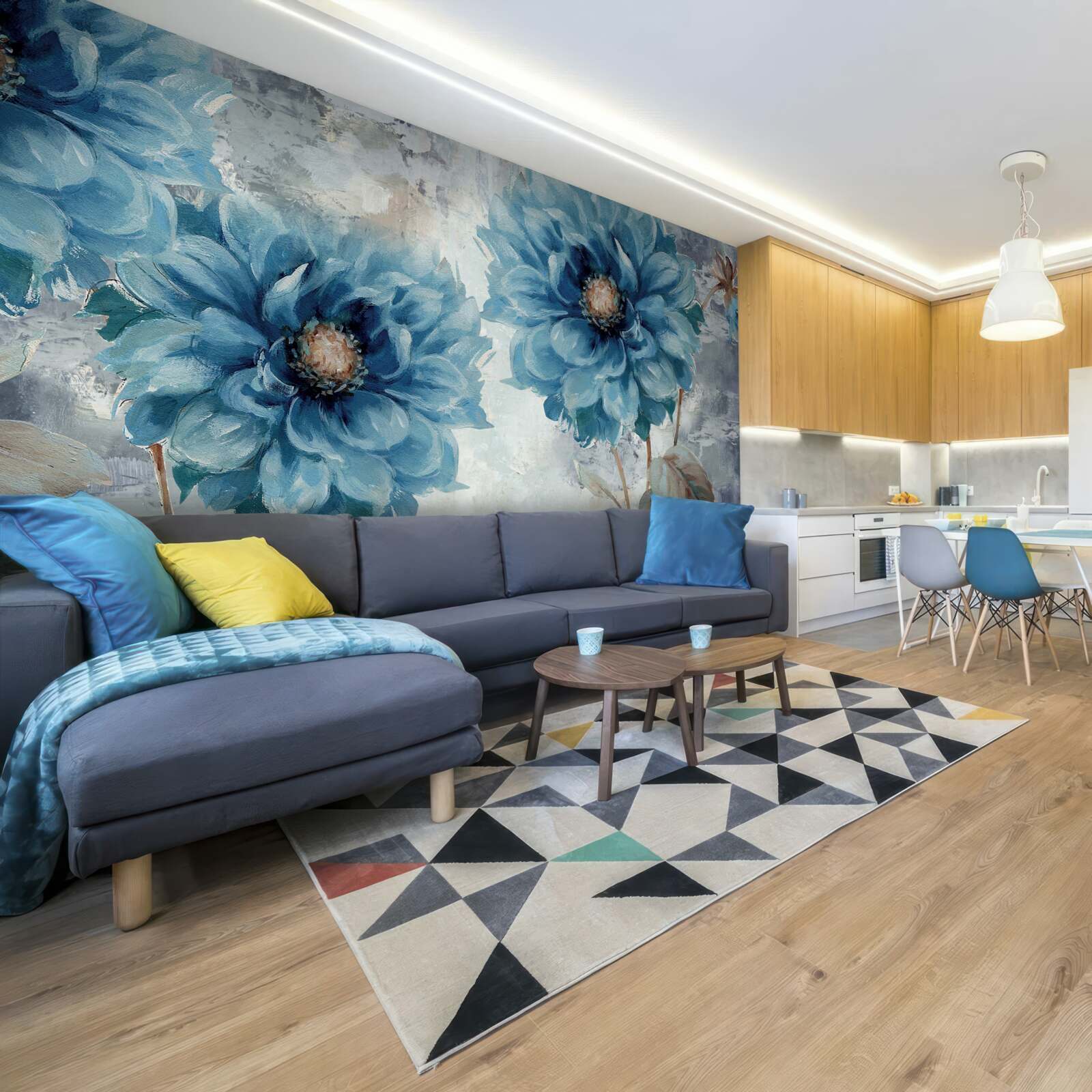 Фотошпалери птахи і блакитні квіти під проливним літнім дощем