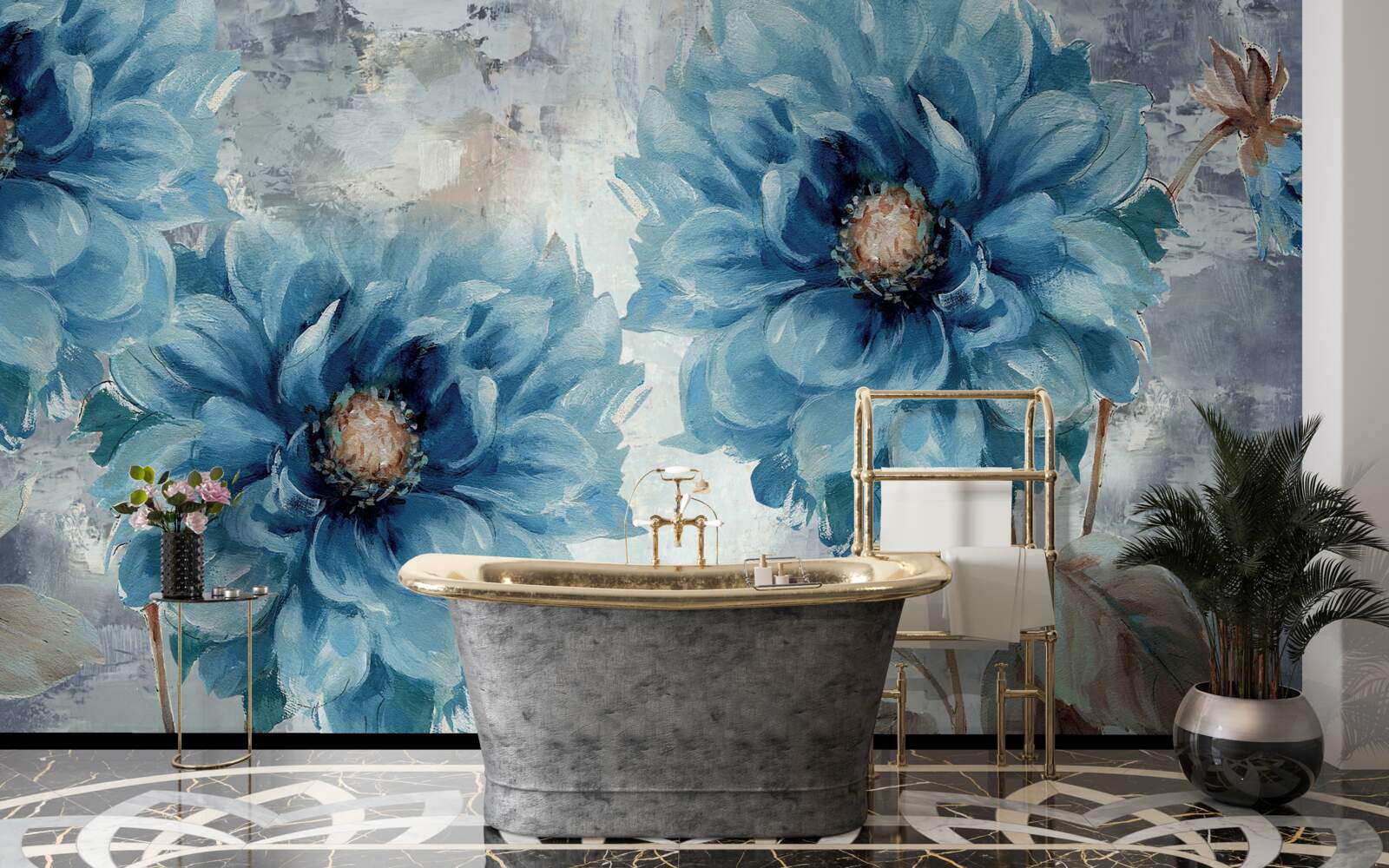 Фотошпалери птахи і блакитні квіти під проливним літнім дощем