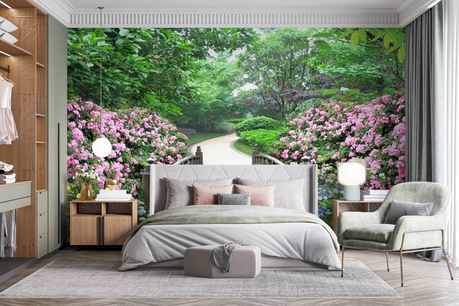 Фотошпалери мальовничий дерев'яний місток, що пролягає через квітучу зелень дерев