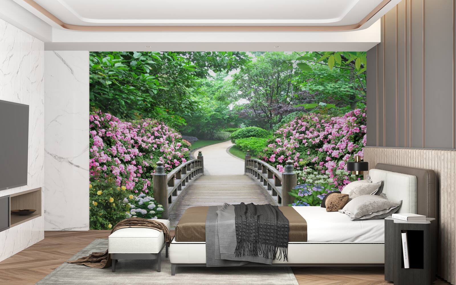 Фотошпалери мальовничий дерев'яний місток, що пролягає через квітучу зелень дерев