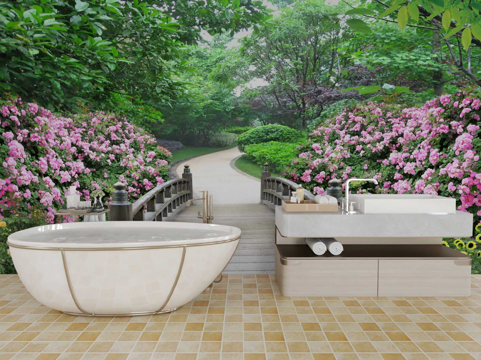 Фотошпалери мальовничий дерев'яний місток, що пролягає через квітучу зелень дерев