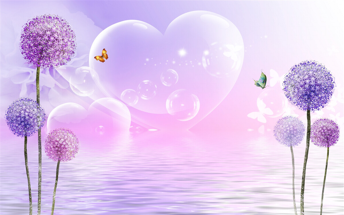 Фотошпалери фіолетові квіти на тлі води та сердець