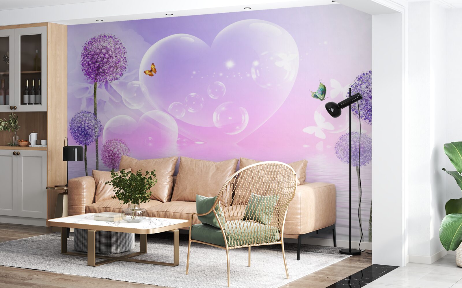 Фотошпалери фіолетові квіти на тлі води та сердець