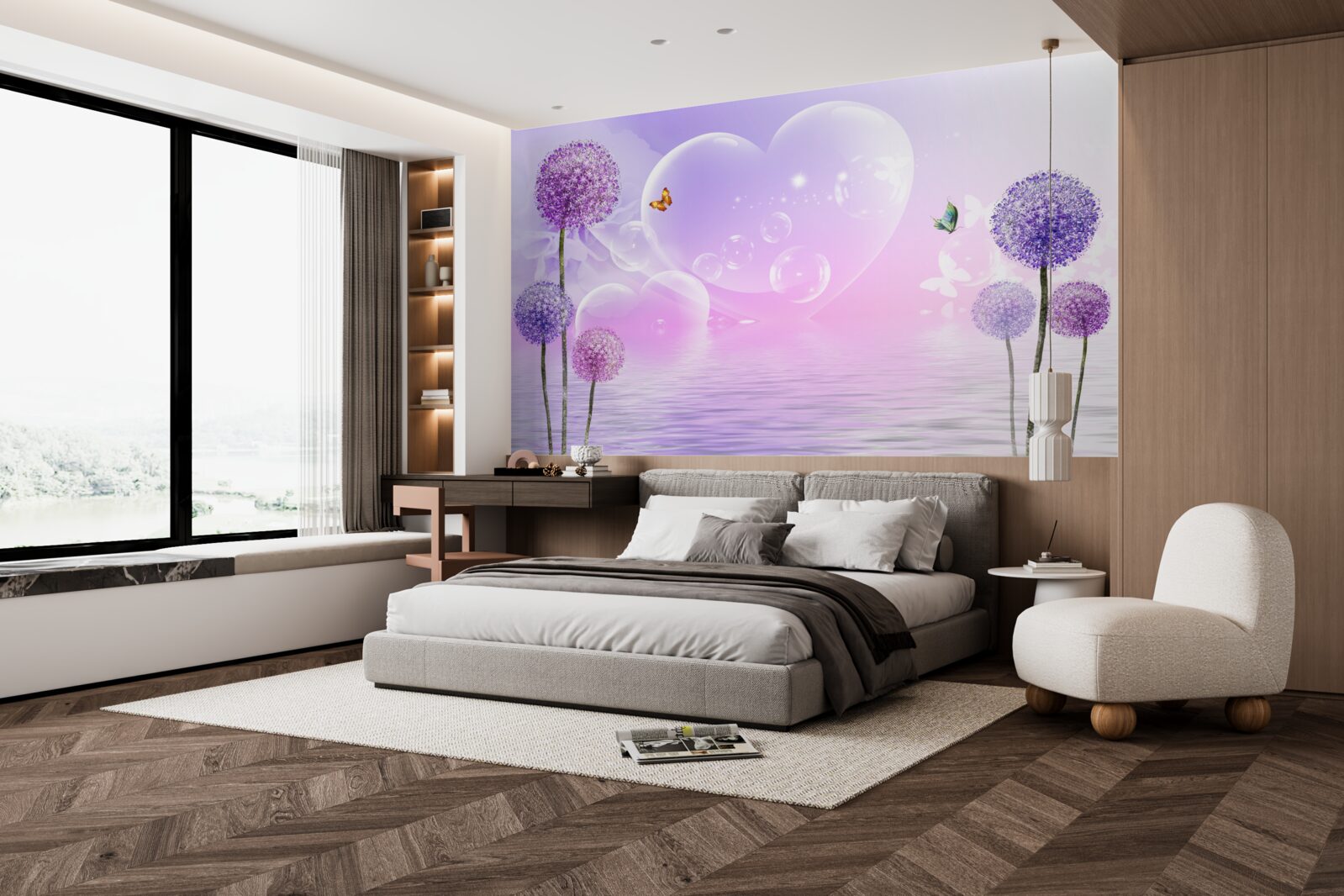 Фотошпалери фіолетові квіти на тлі води та сердець