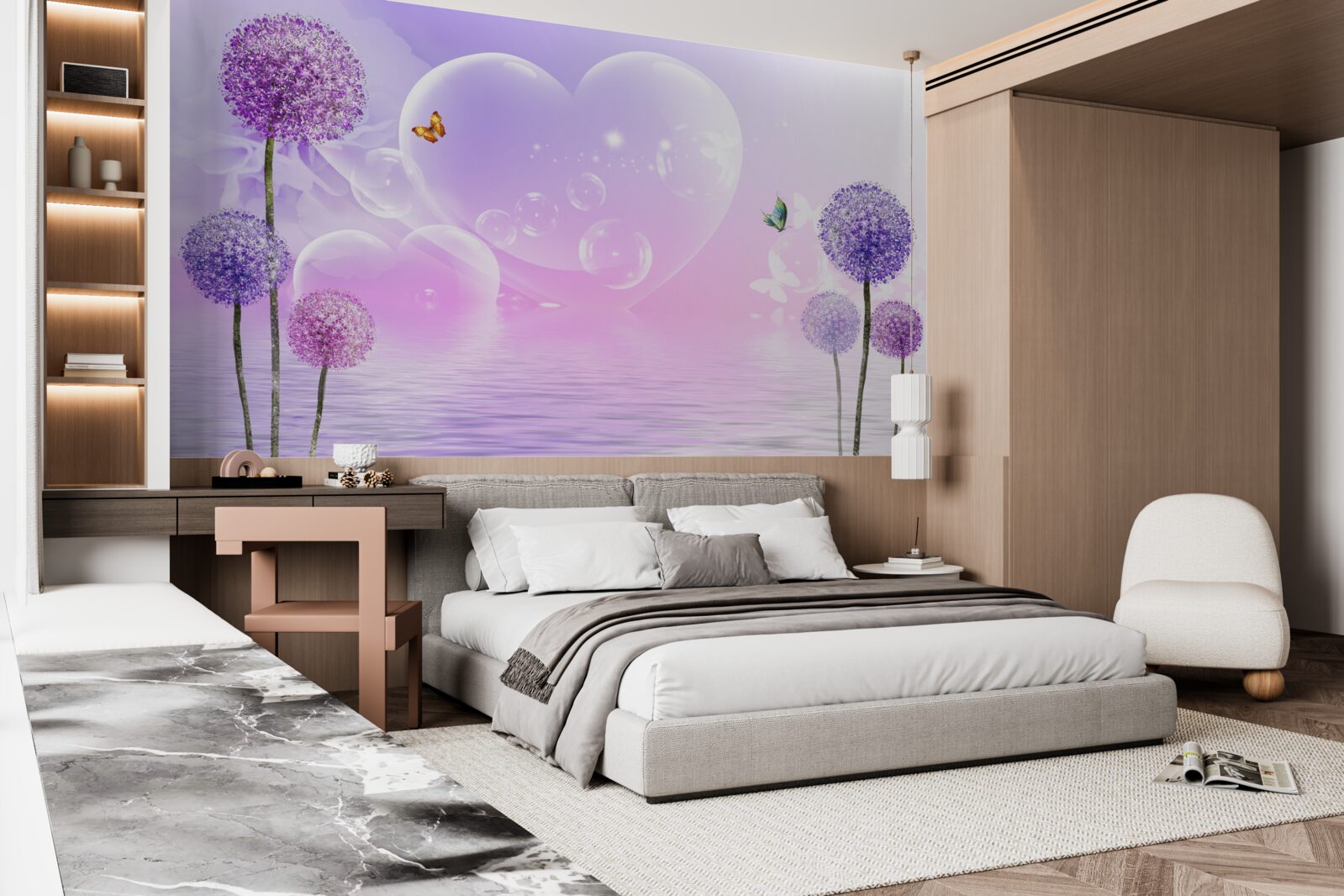 Фотошпалери фіолетові квіти на тлі води та сердець