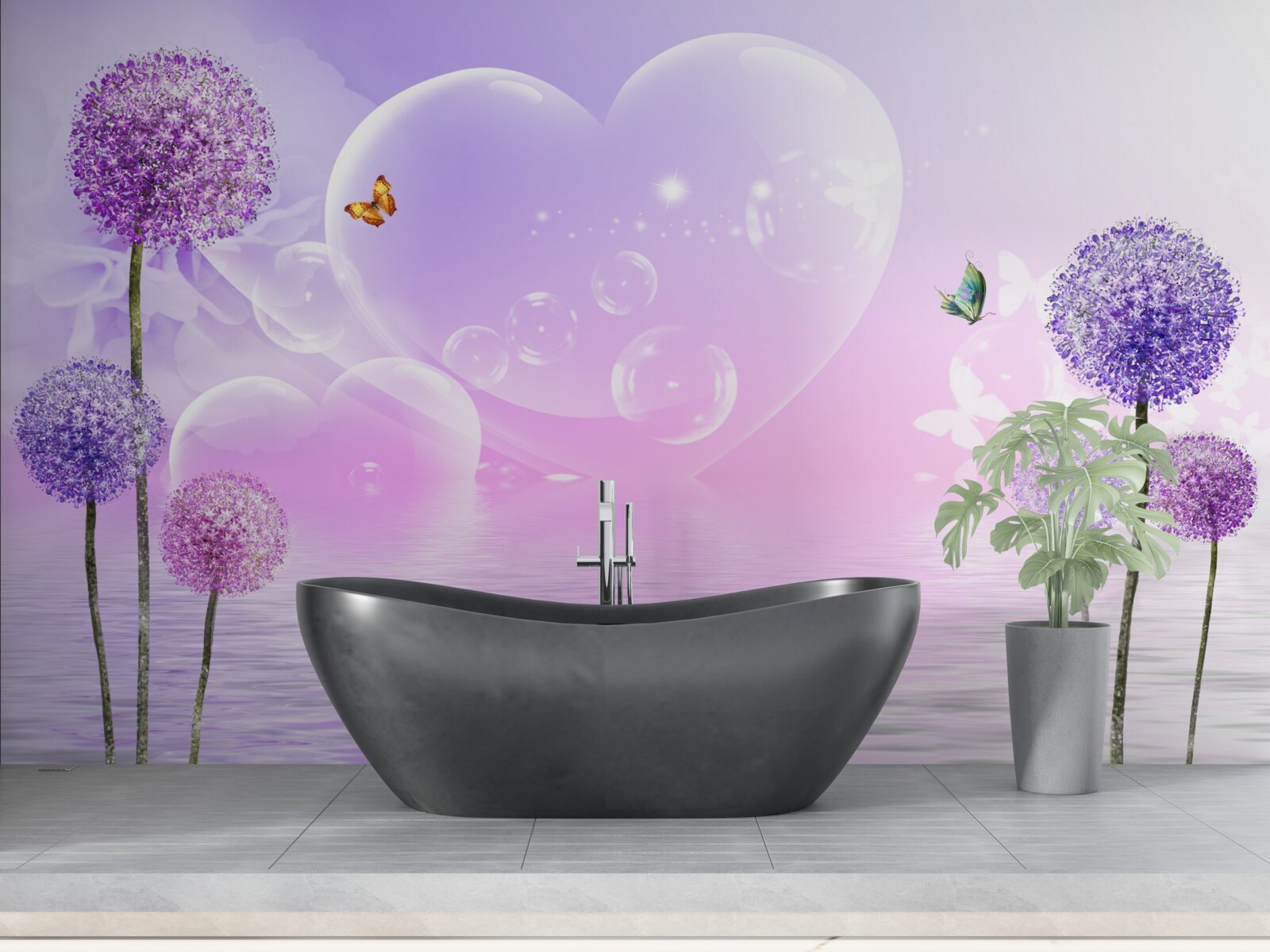 Фотошпалери фіолетові квіти на тлі води та сердець