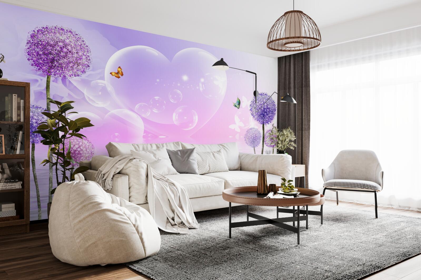 Фотошпалери фіолетові квіти на тлі води та сердець