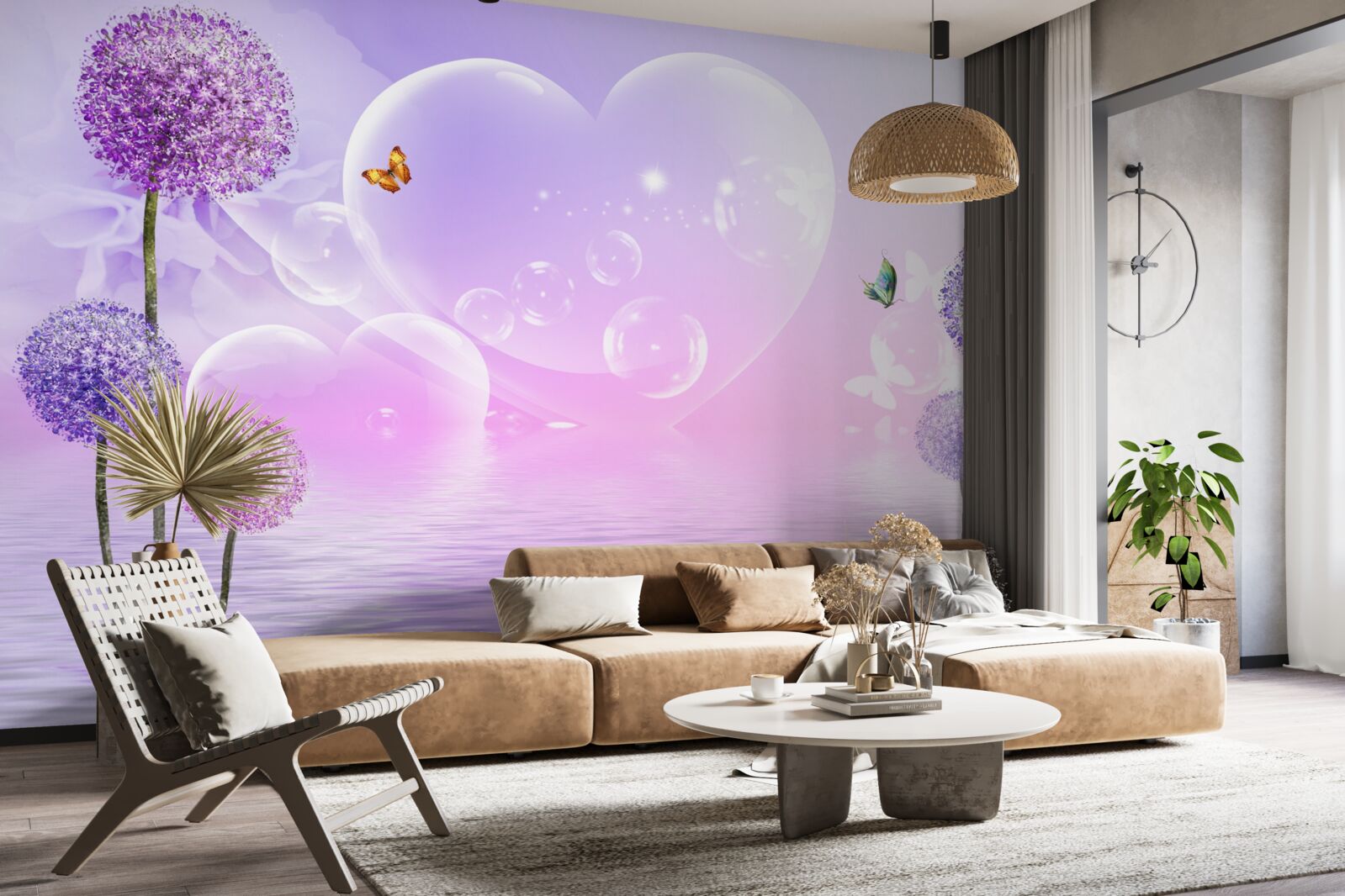 Фотошпалери фіолетові квіти на тлі води та сердець