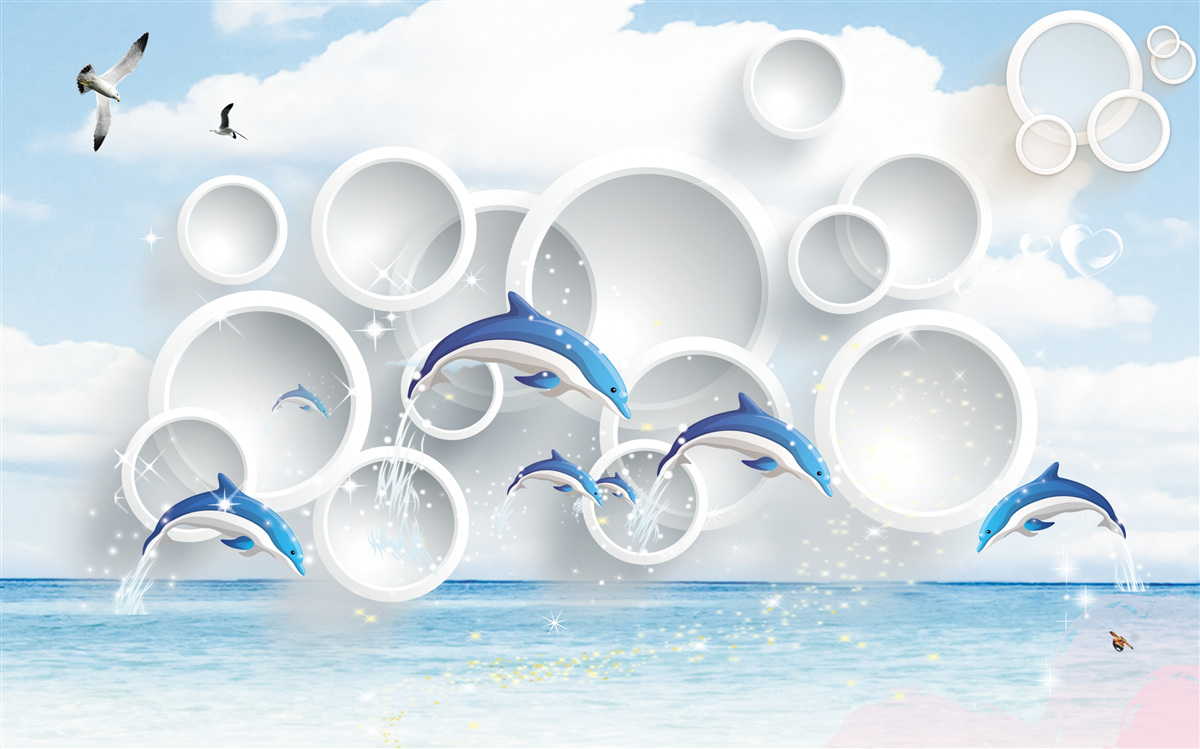 Фотошпалери абстрактні кільця та дельфіни, що стрибають на поверхні води