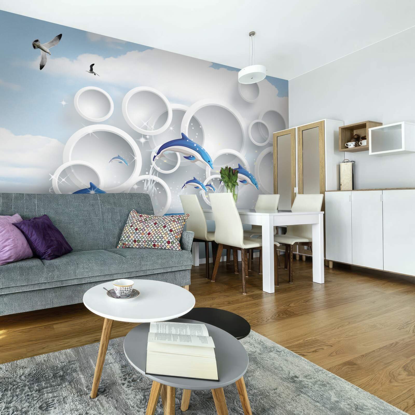 Фотошпалери абстрактні кільця та дельфіни, що стрибають на поверхні води