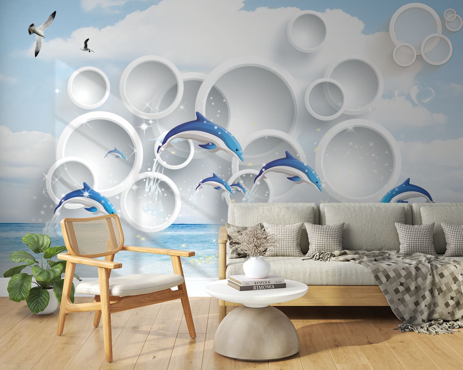 Фотошпалери абстрактні кільця та дельфіни, що стрибають на поверхні води