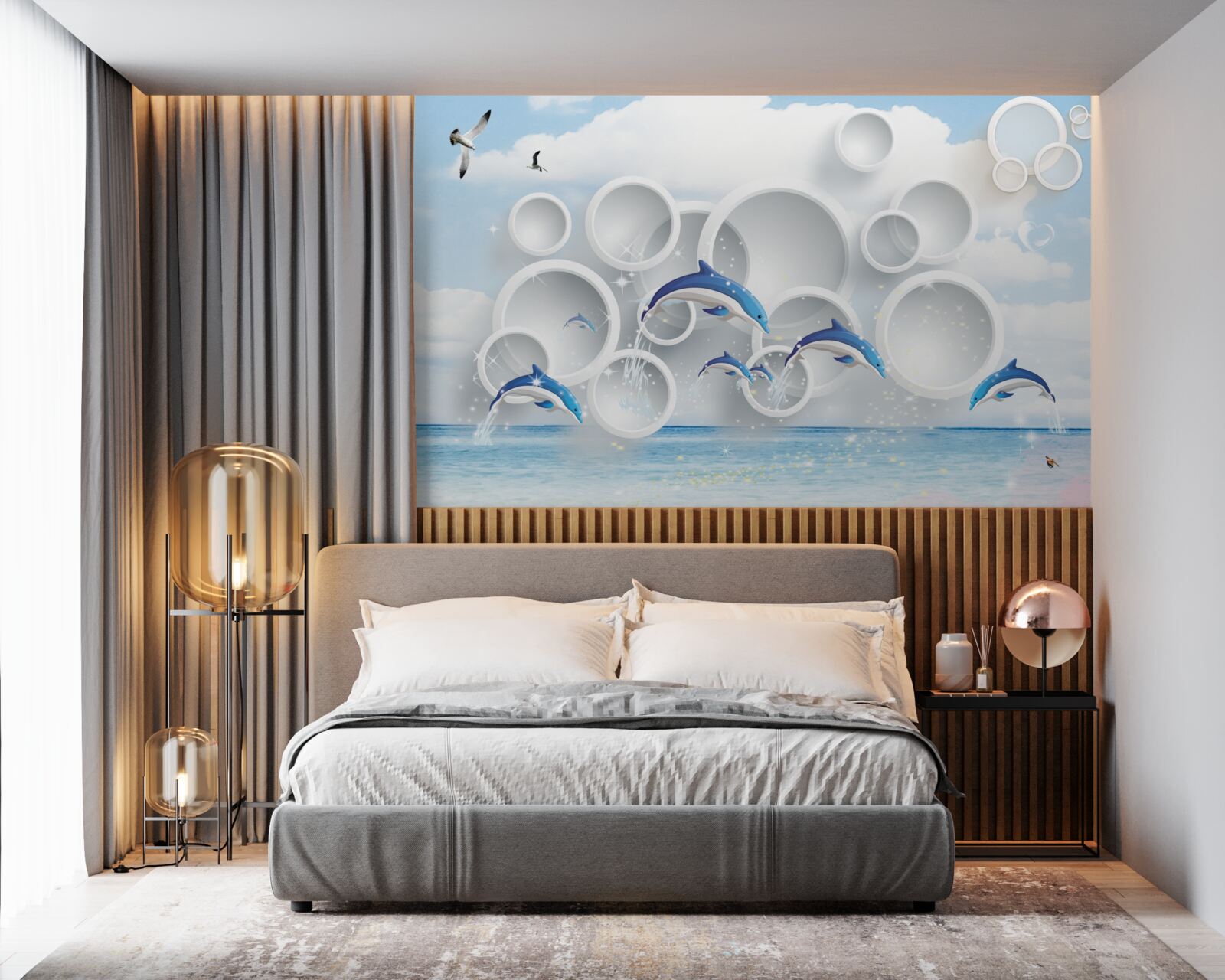 Фотошпалери абстрактні кільця та дельфіни, що стрибають на поверхні води