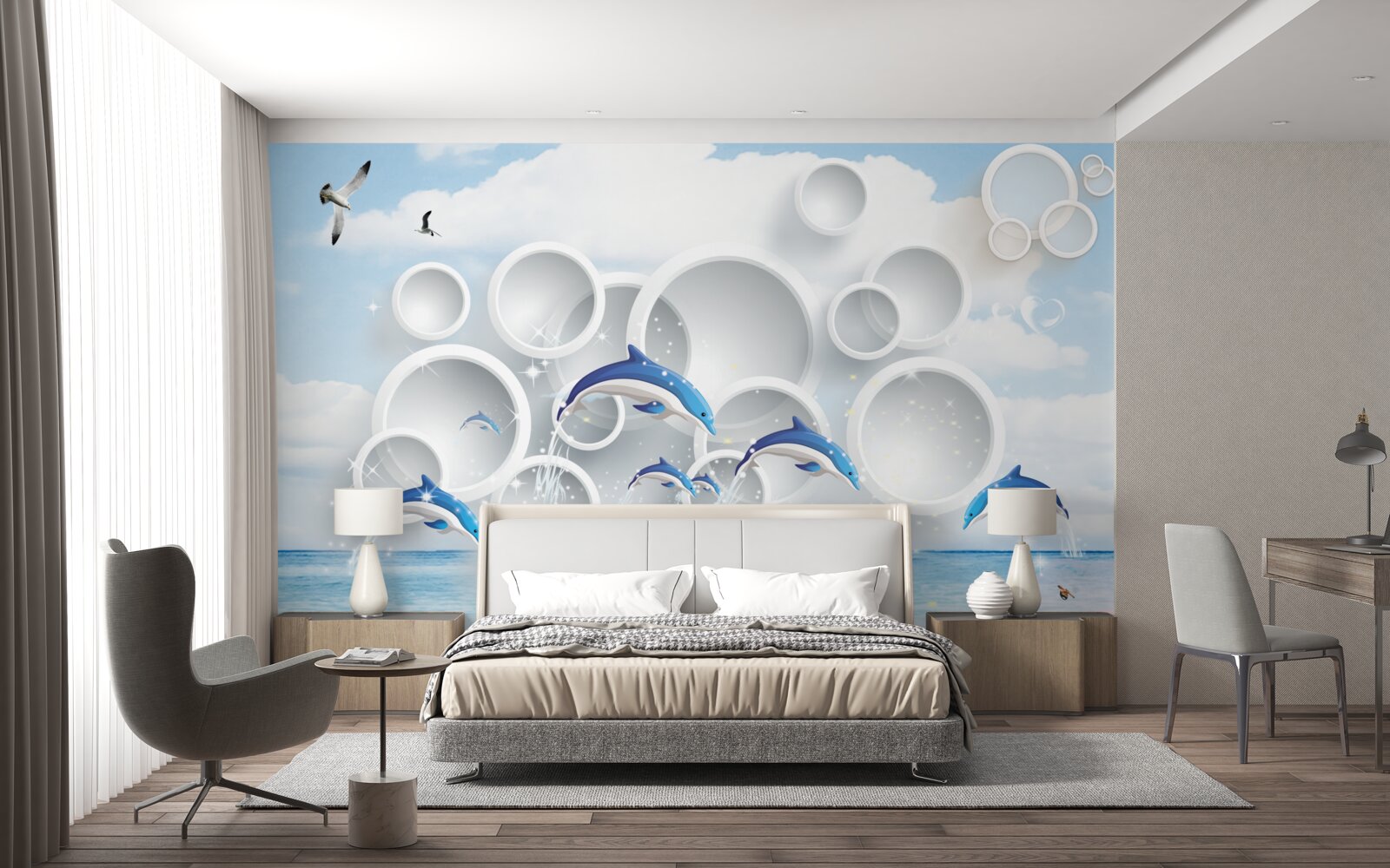 Фотошпалери абстрактні кільця та дельфіни, що стрибають на поверхні води