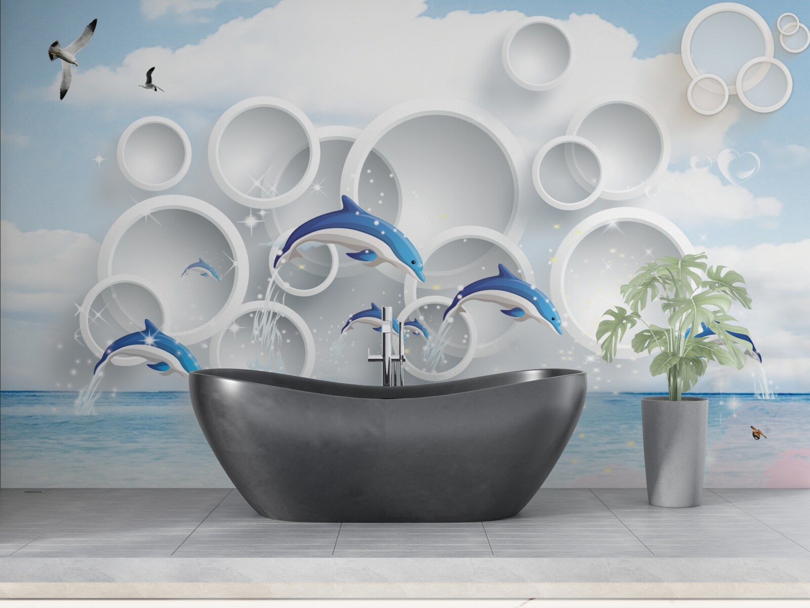 Фотошпалери абстрактні кільця та дельфіни, що стрибають на поверхні води