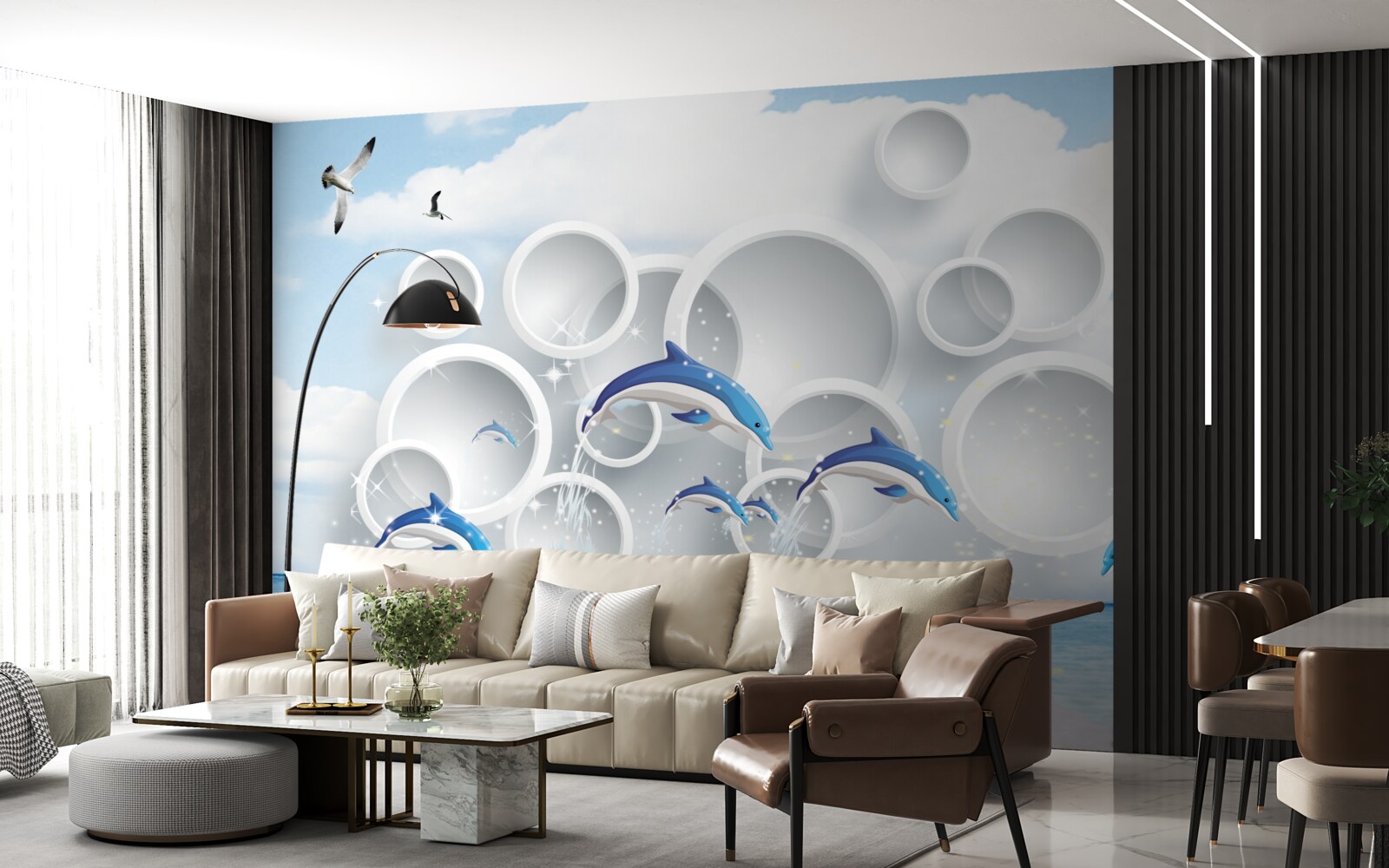 Фотошпалери абстрактні кільця та дельфіни, що стрибають на поверхні води