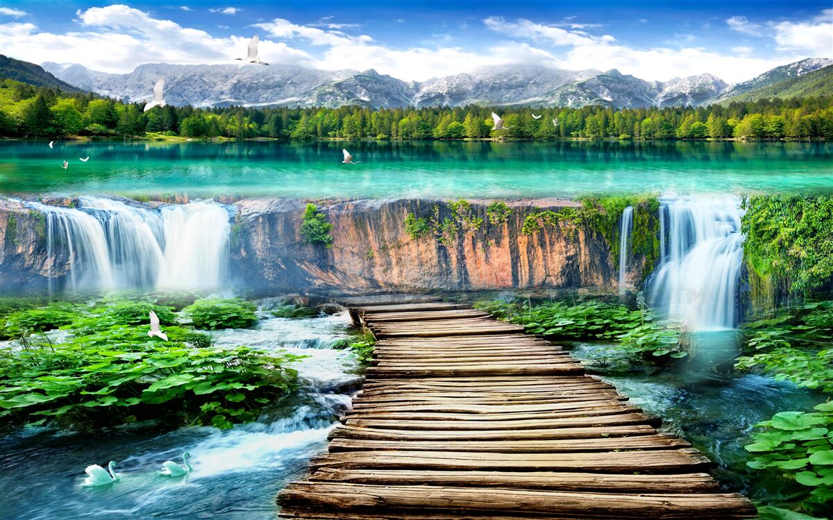 Фотошпалери дерев'яний місток, що веде до підніжжя водоспаду