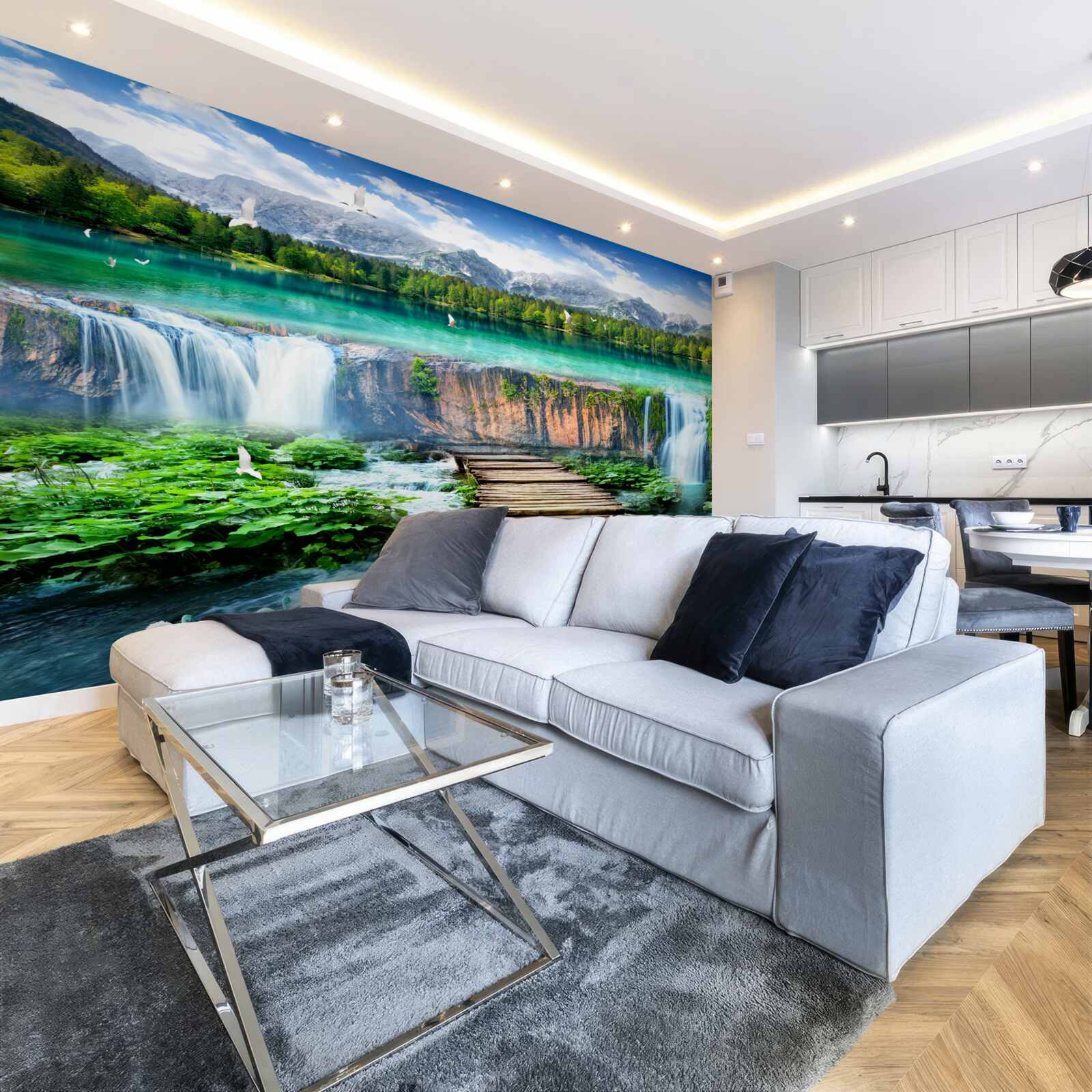 Фотошпалери дерев'яний місток, що веде до підніжжя водоспаду