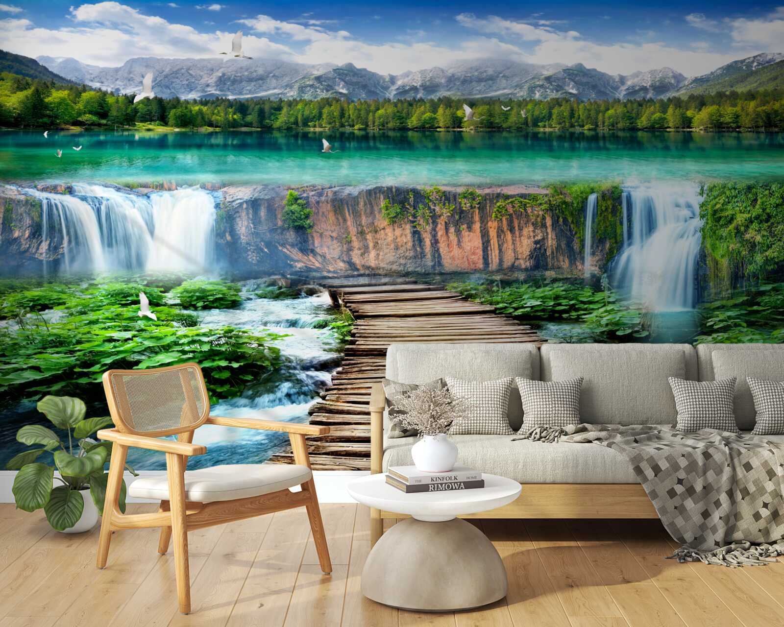 Фотошпалери дерев'яний місток, що веде до підніжжя водоспаду