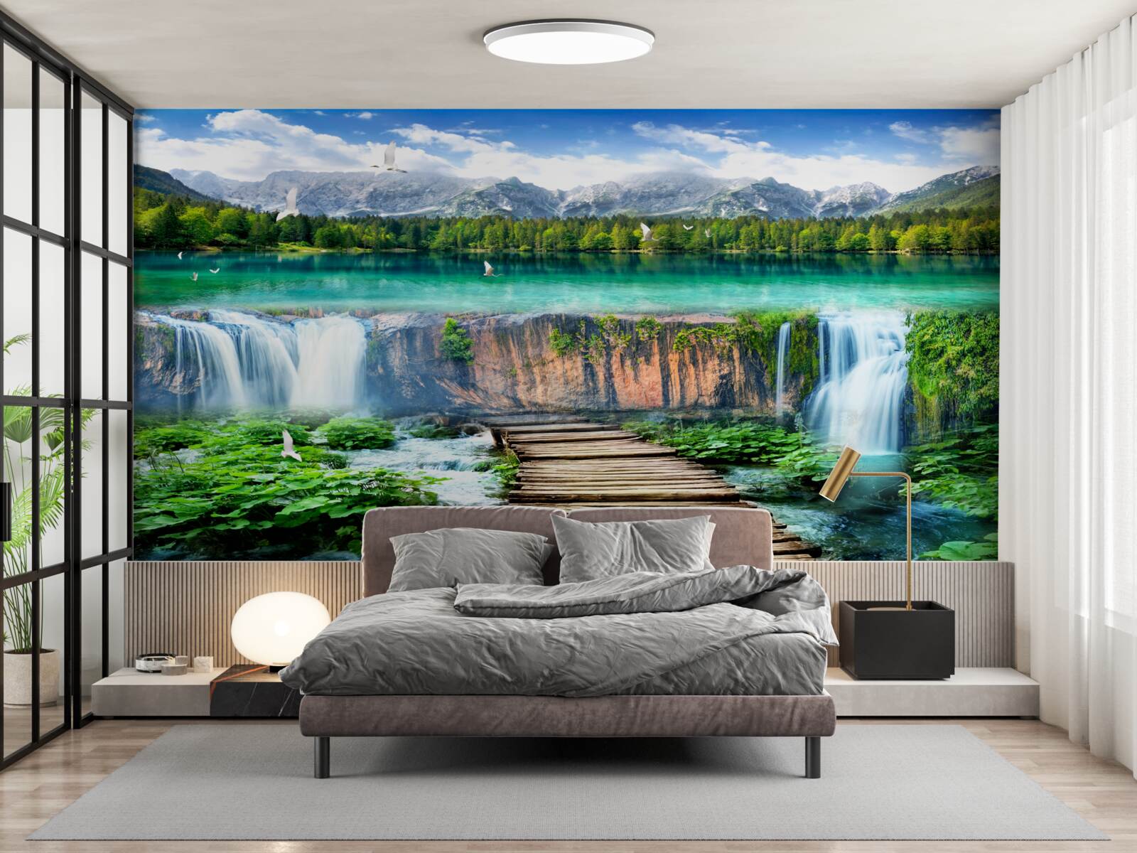 Фотошпалери дерев'яний місток, що веде до підніжжя водоспаду