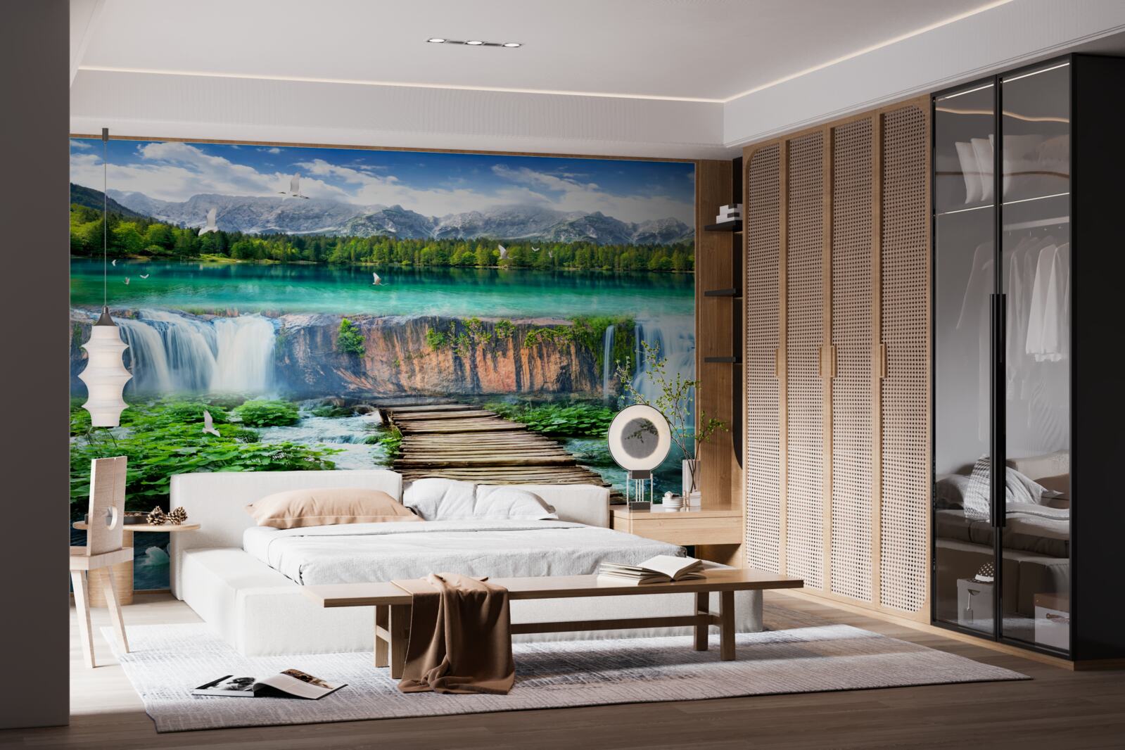 Фотошпалери дерев'яний місток, що веде до підніжжя водоспаду