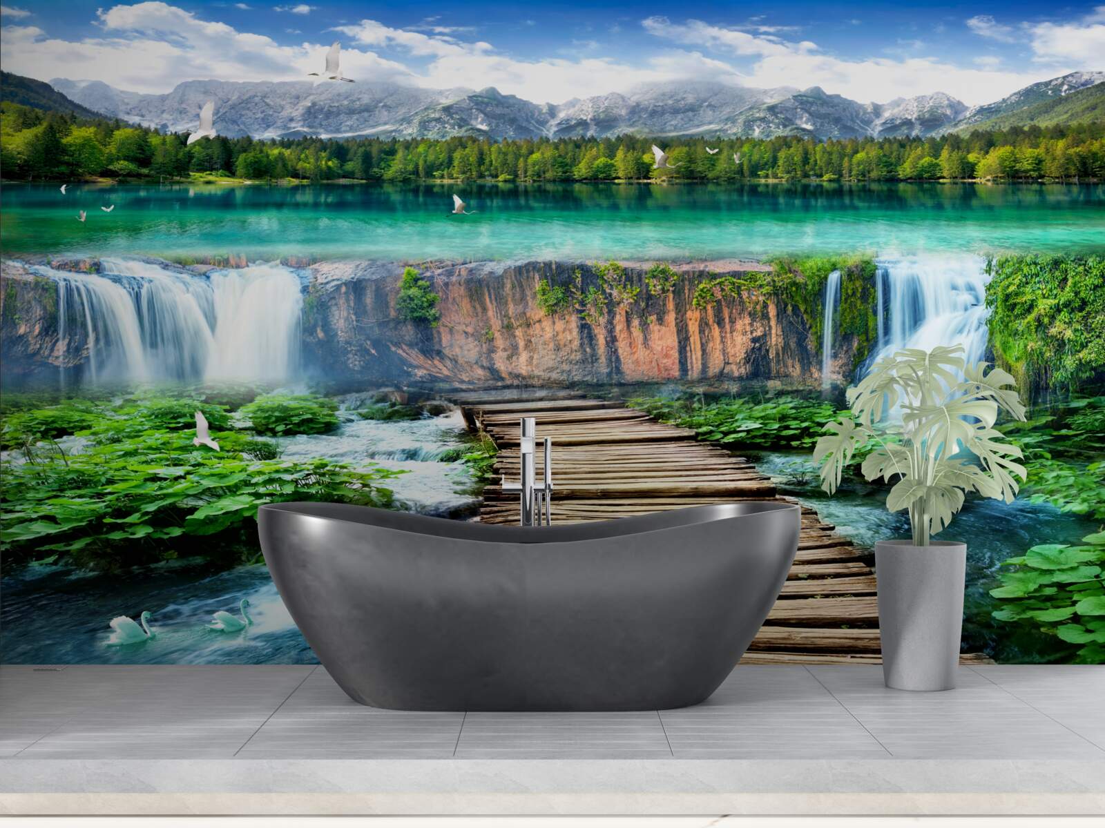 Фотошпалери дерев'яний місток, що веде до підніжжя водоспаду