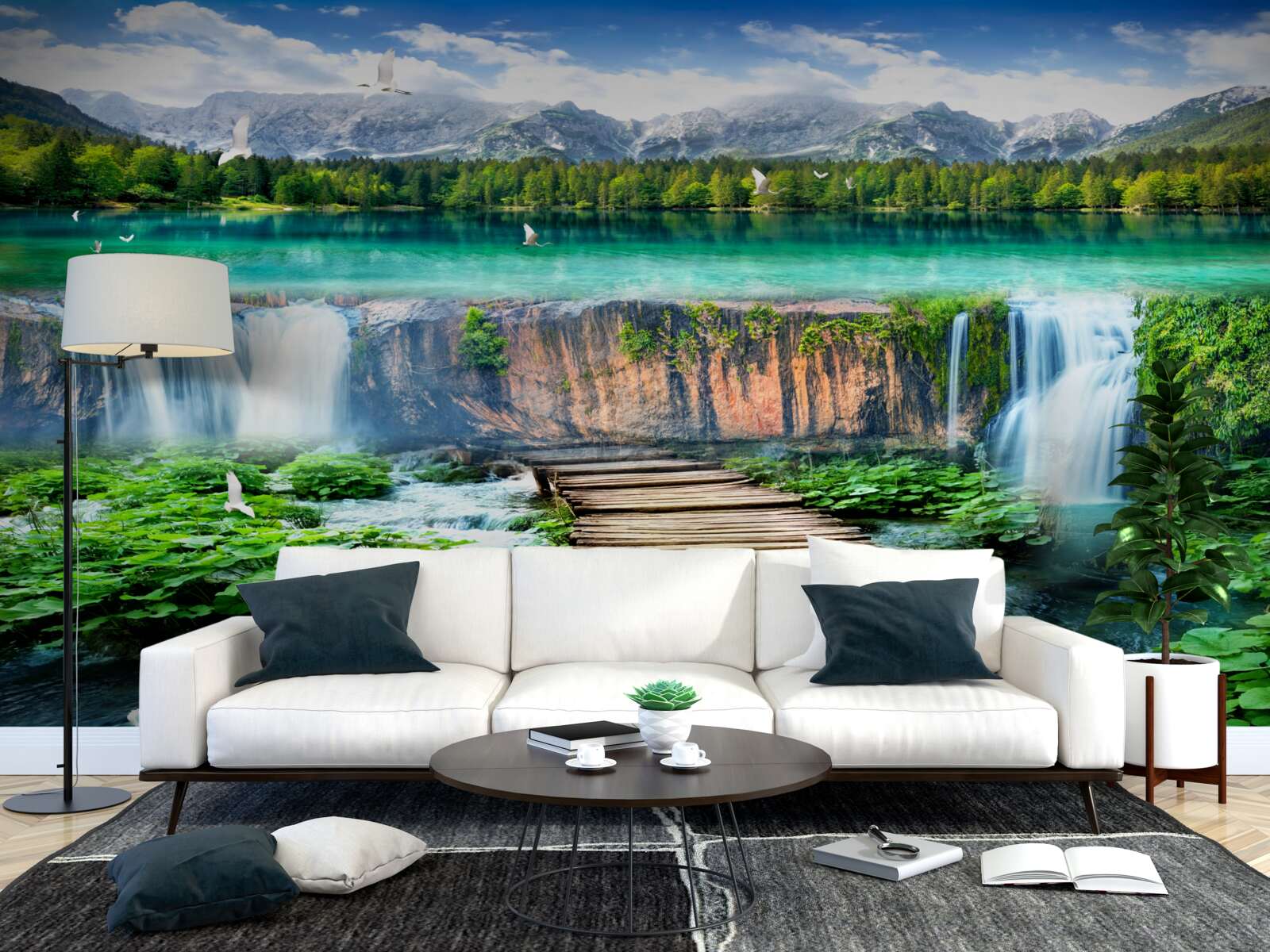 Фотошпалери дерев'яний місток, що веде до підніжжя водоспаду