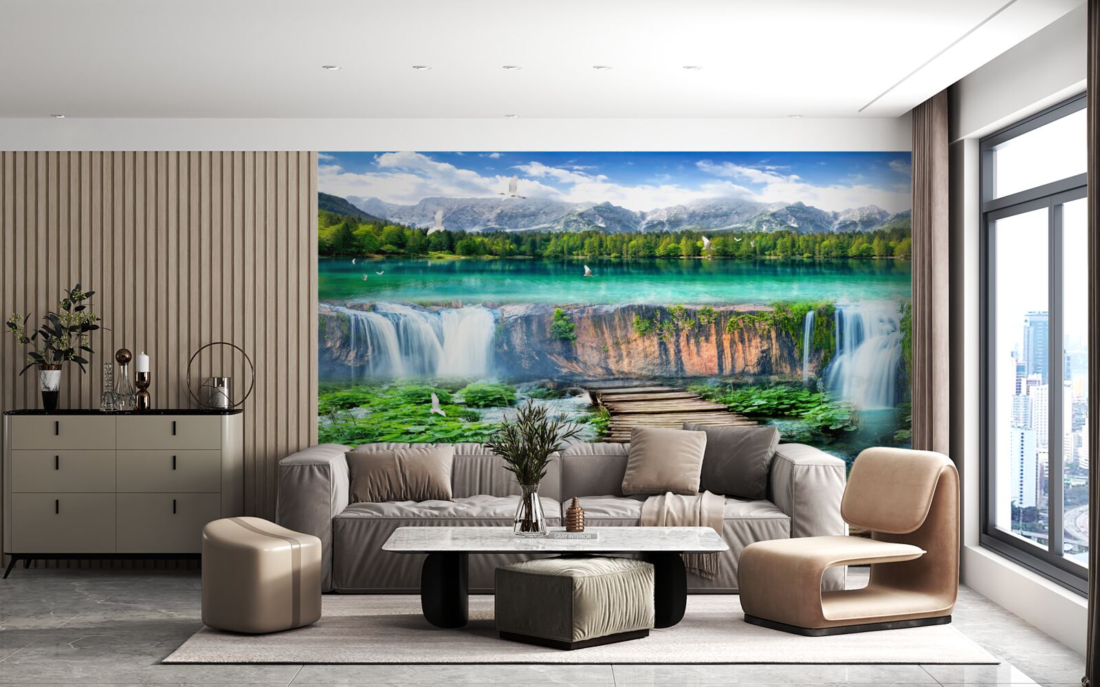 Фотошпалери дерев'яний місток, що веде до підніжжя водоспаду