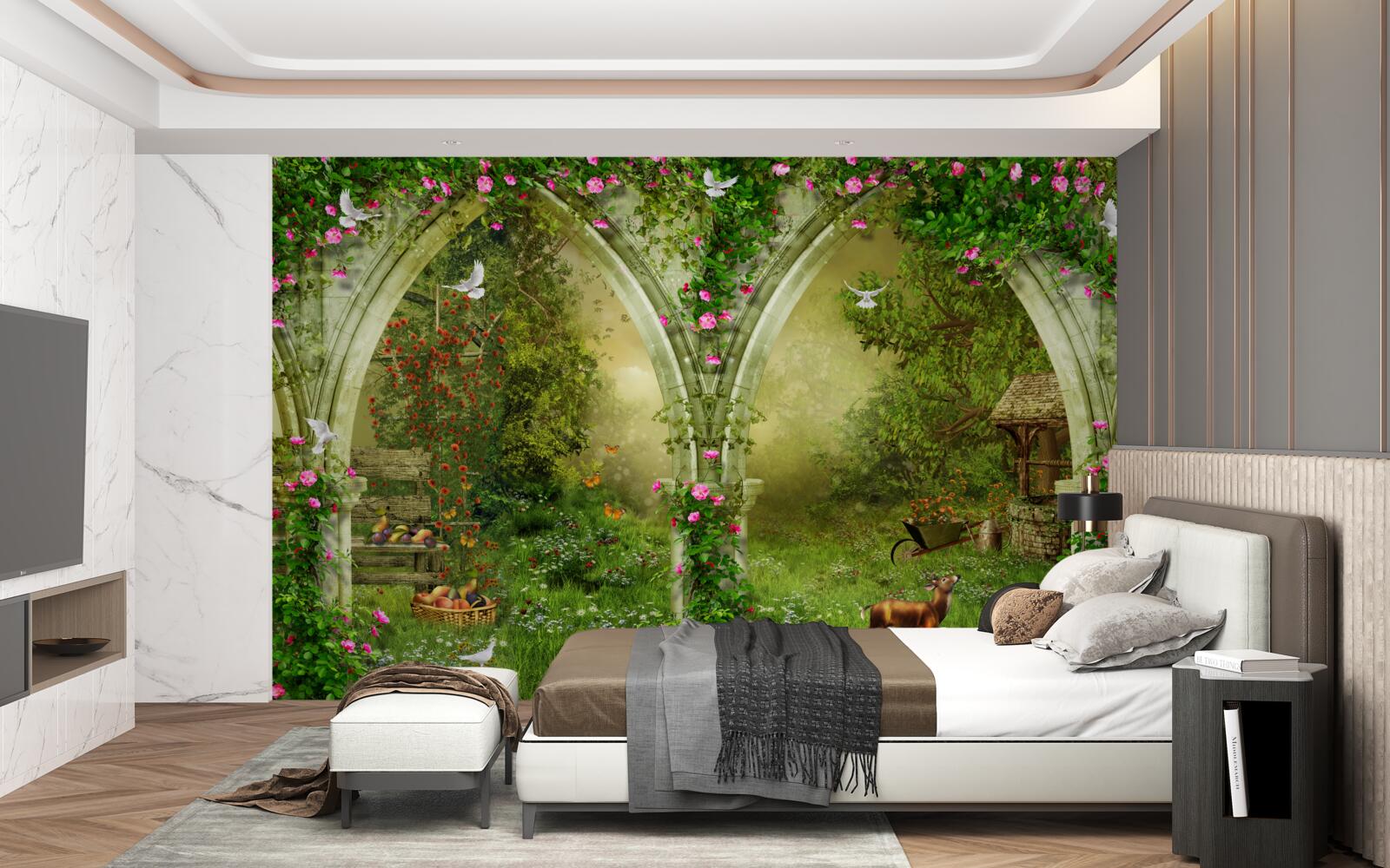 Фотошпалери Арки із зеленого каменю із зображеннями тварин