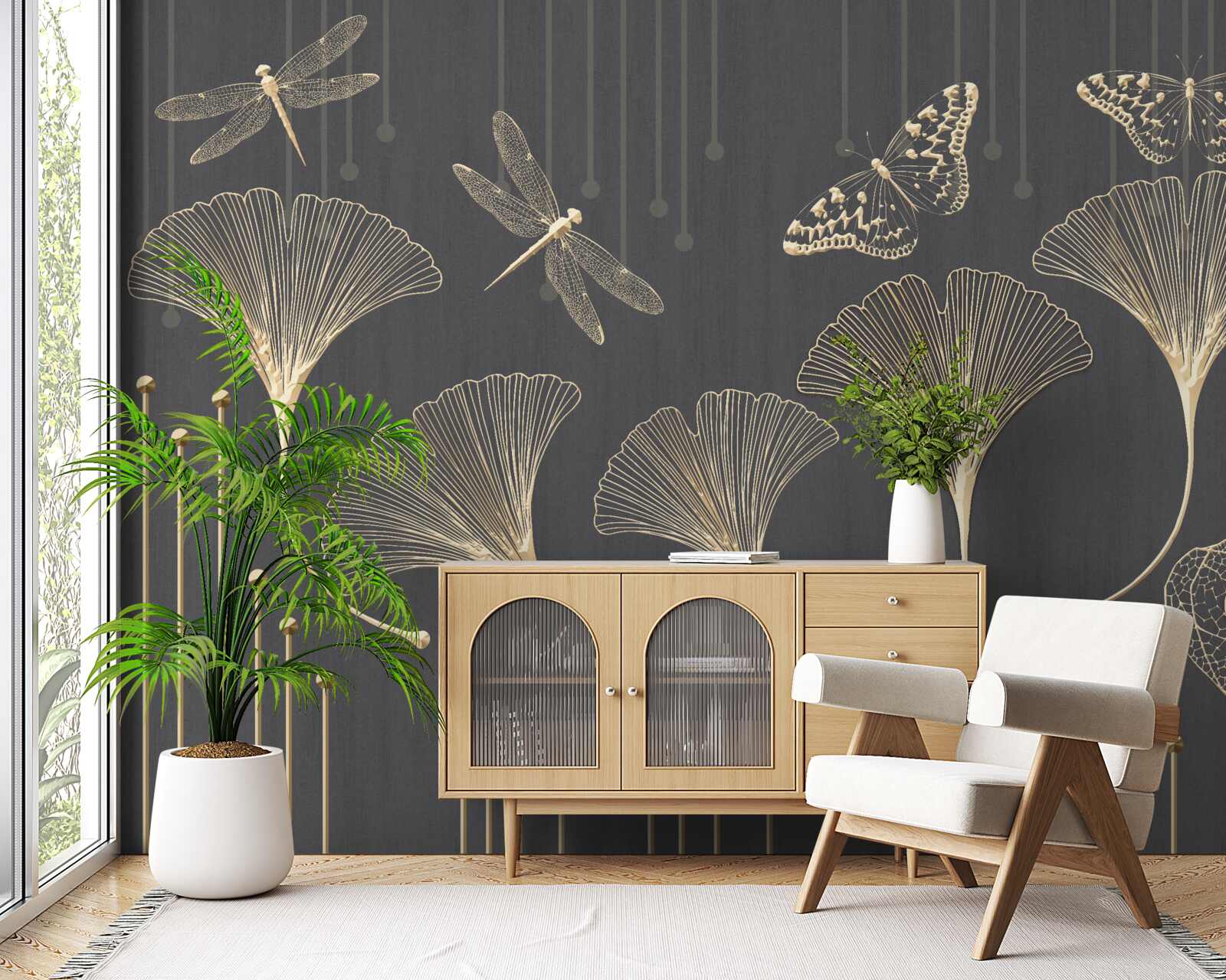 Фотошпалери навпаки, вертикальні лінії сходяться на сірому тлі