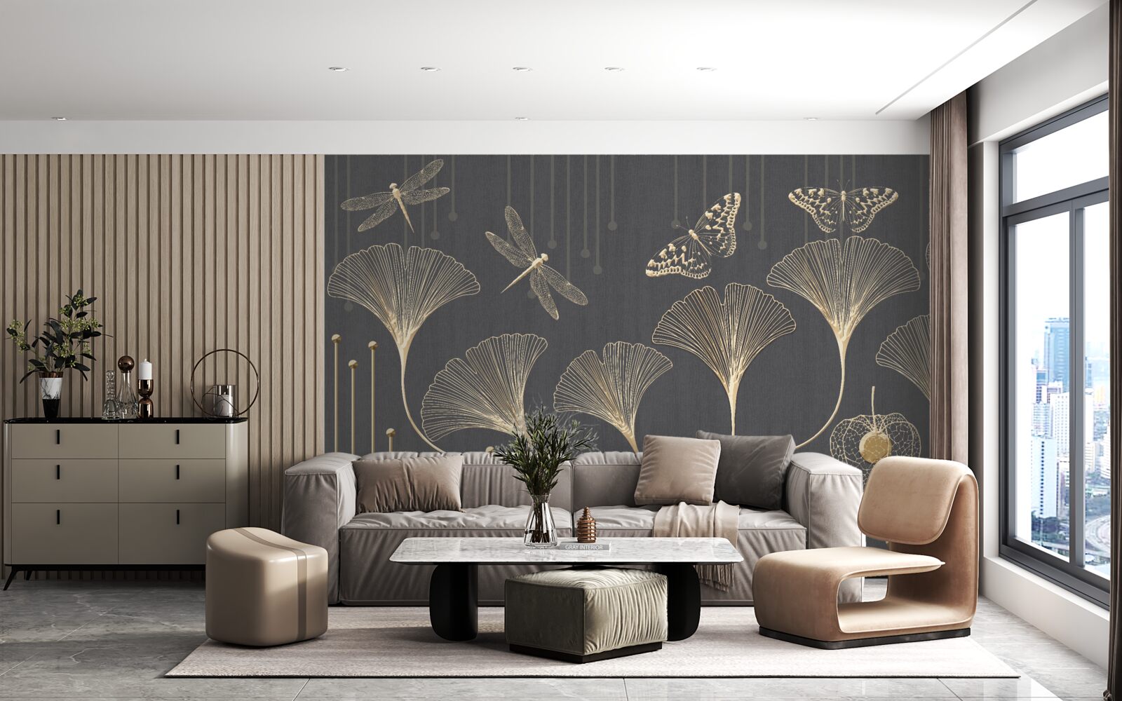 Фотошпалери навпаки, вертикальні лінії сходяться на сірому тлі