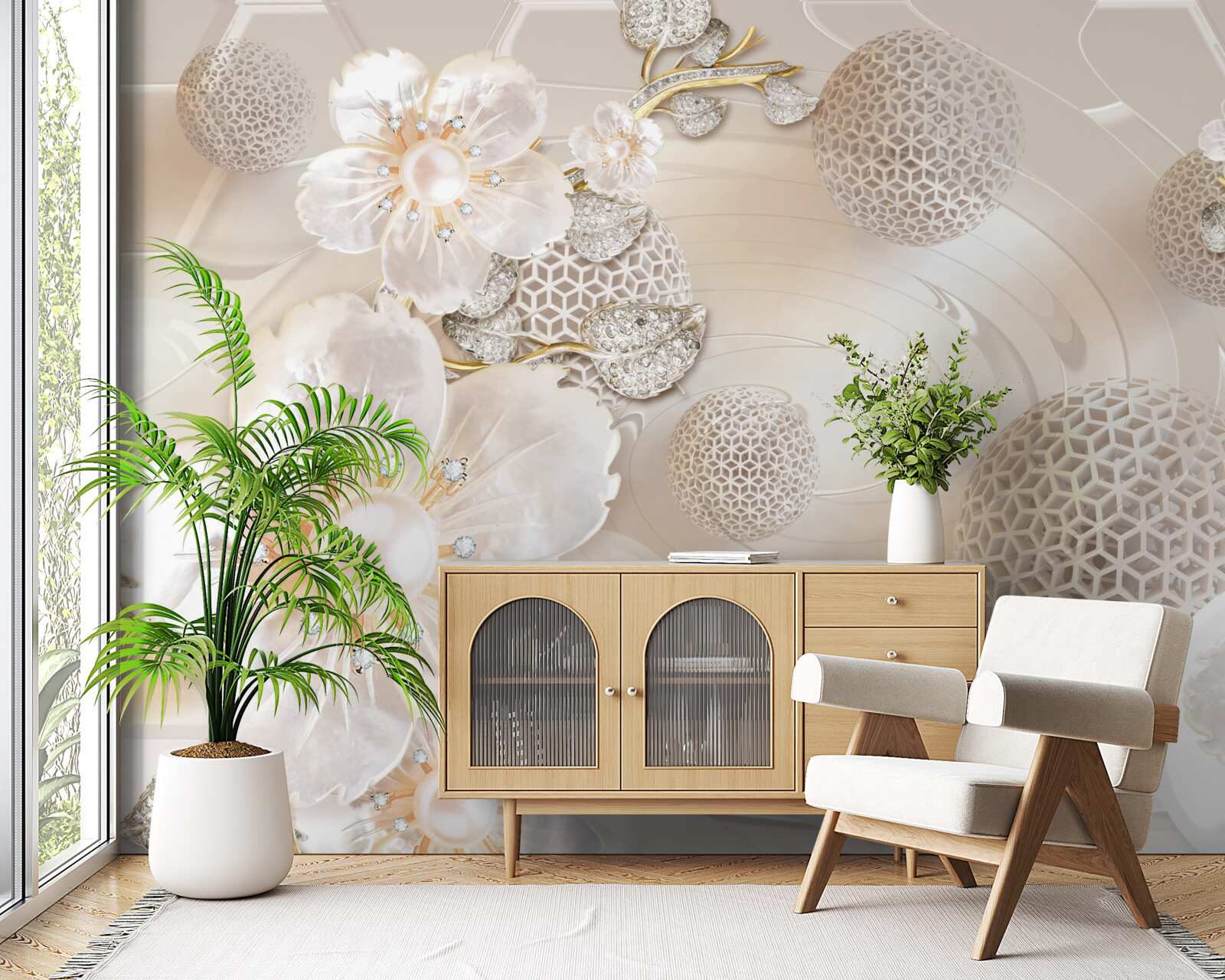 Фотошпалери яскраві плаваючі кулі та легкі ботанічні вінки